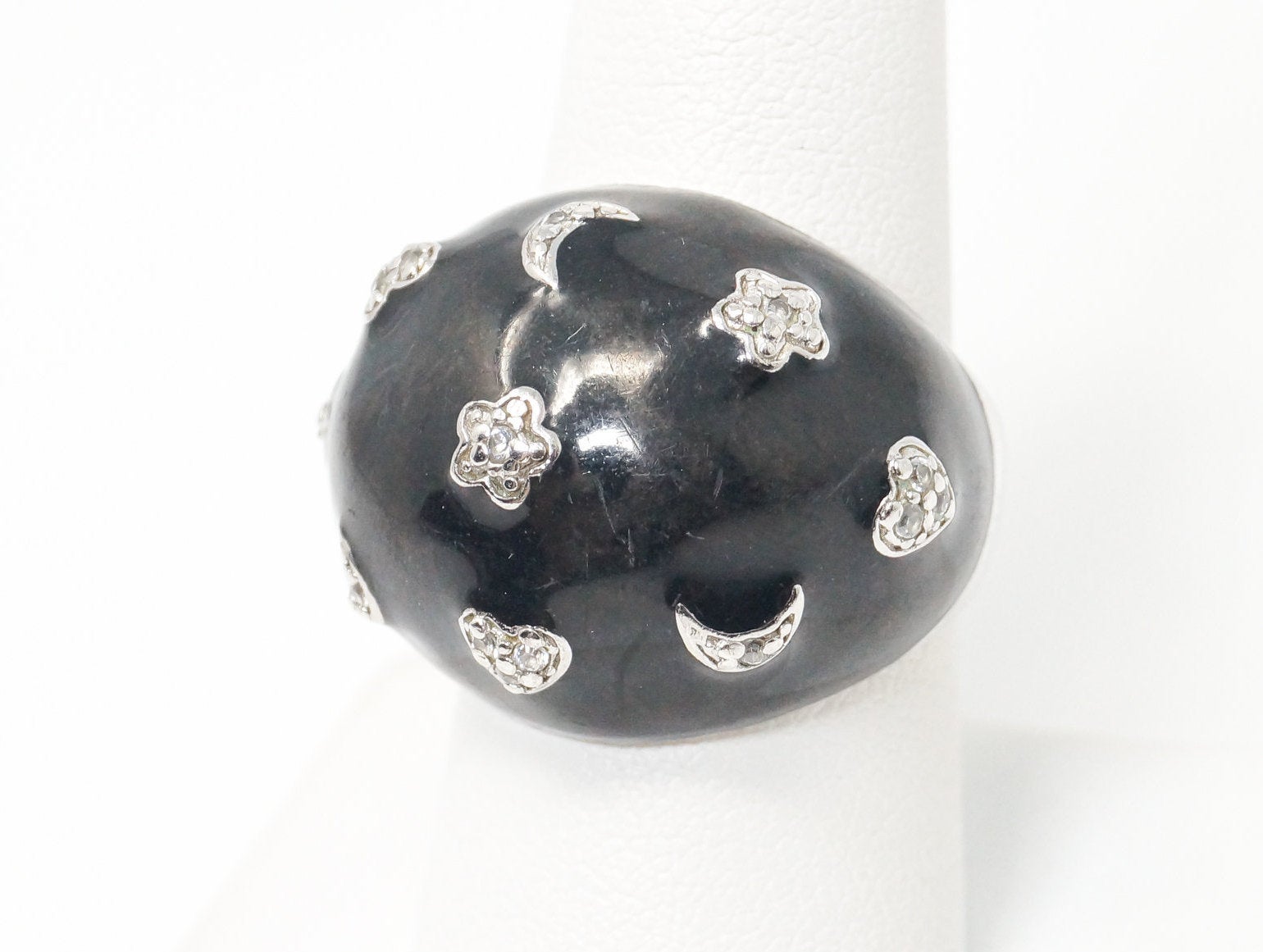 Vintage Designer CSF Black CZ Stars Moons Hearts Sterling Silver Ring - Size 8