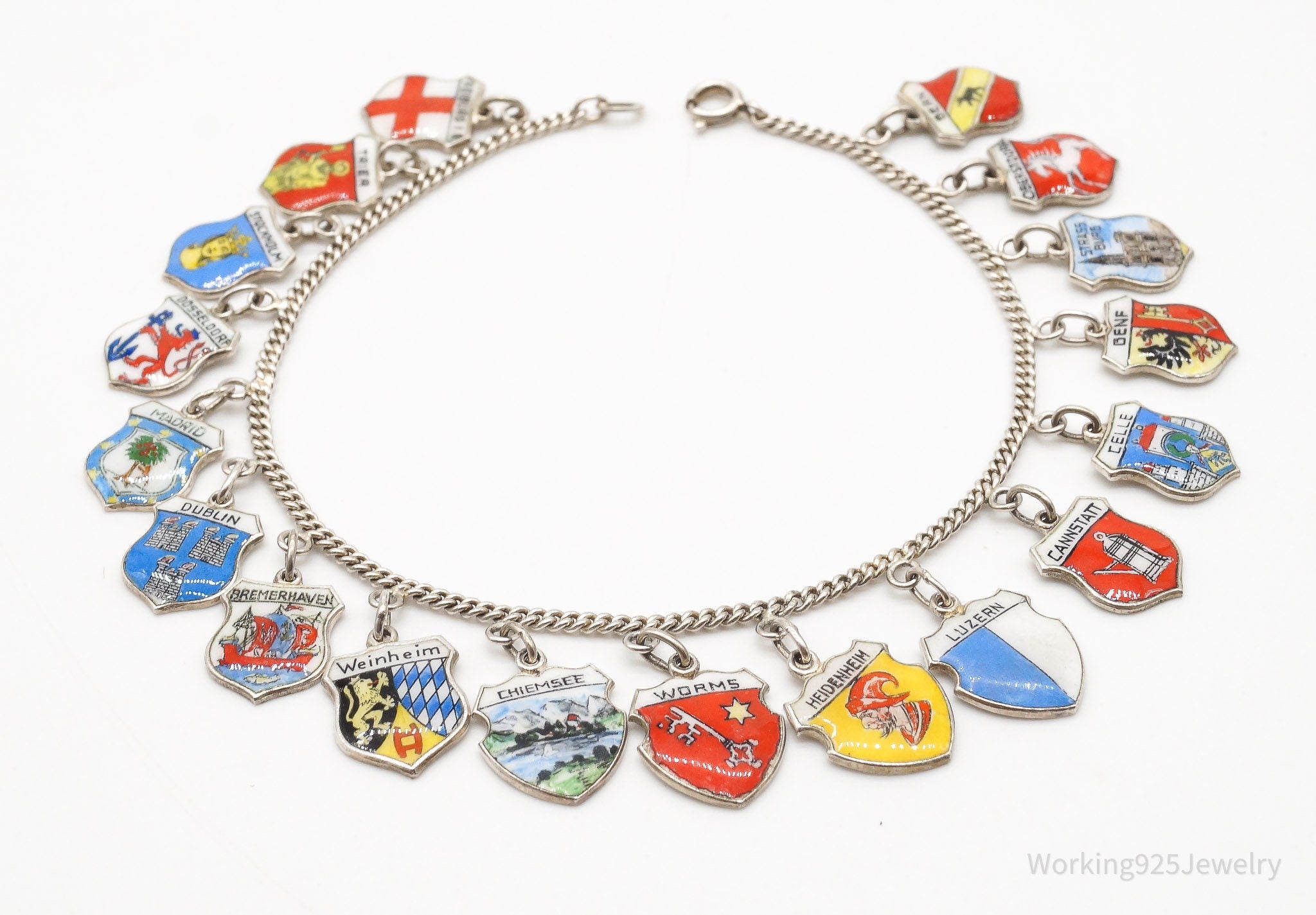 Antique Vintage Enamel Travel 800 / 835 Silver Charms Silver Bracelet