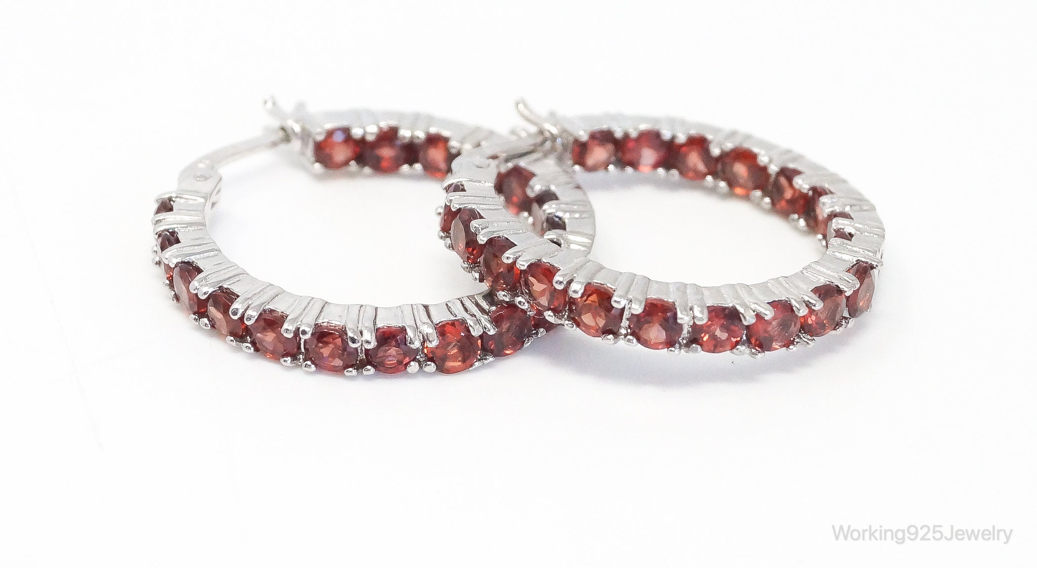 Vintage Garnet Sterling Silver Hoop Earrings