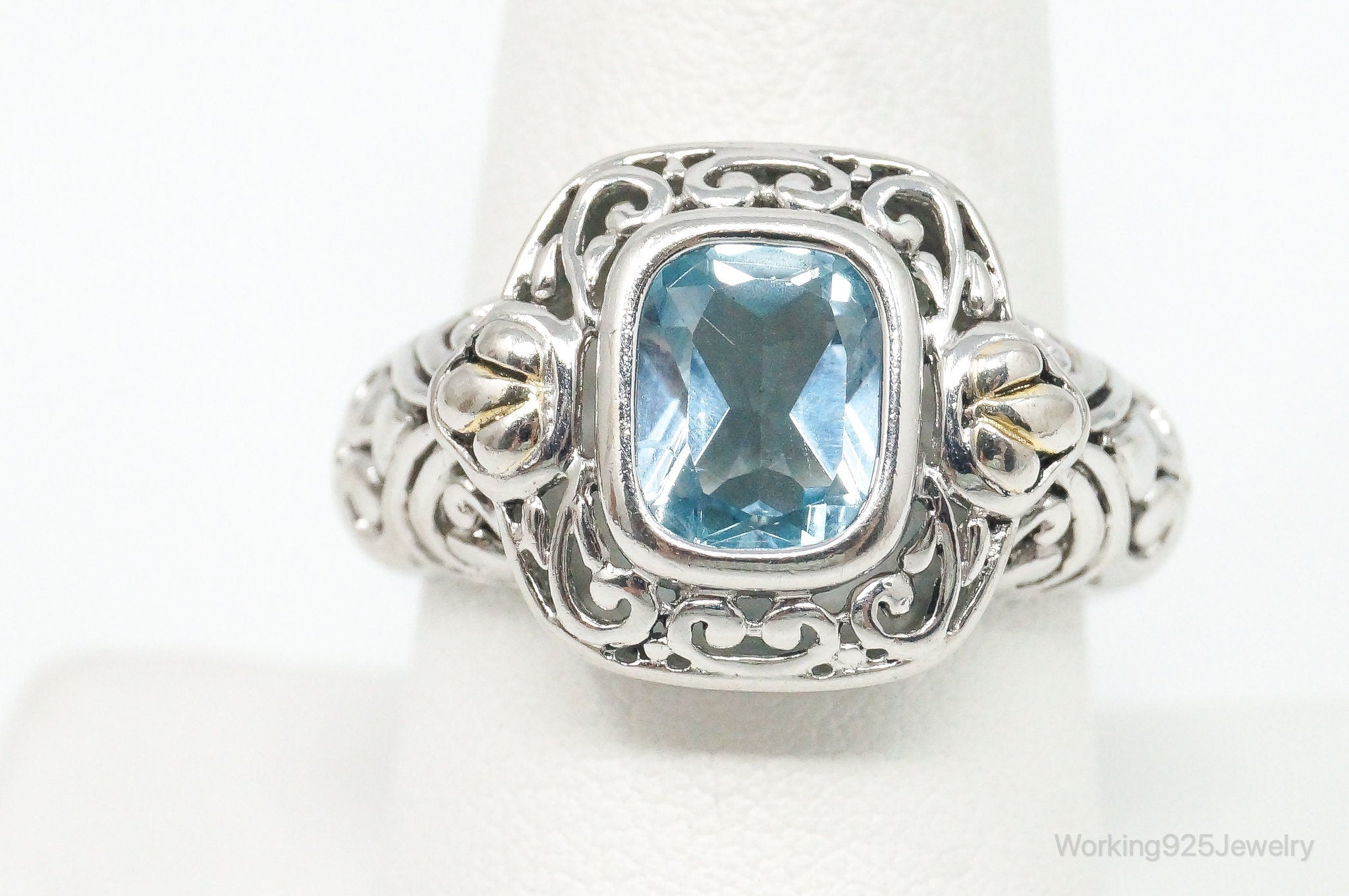 Vintage Designer FD Blue Topaz Gold Wash Sterling Silver Ring - Size 9