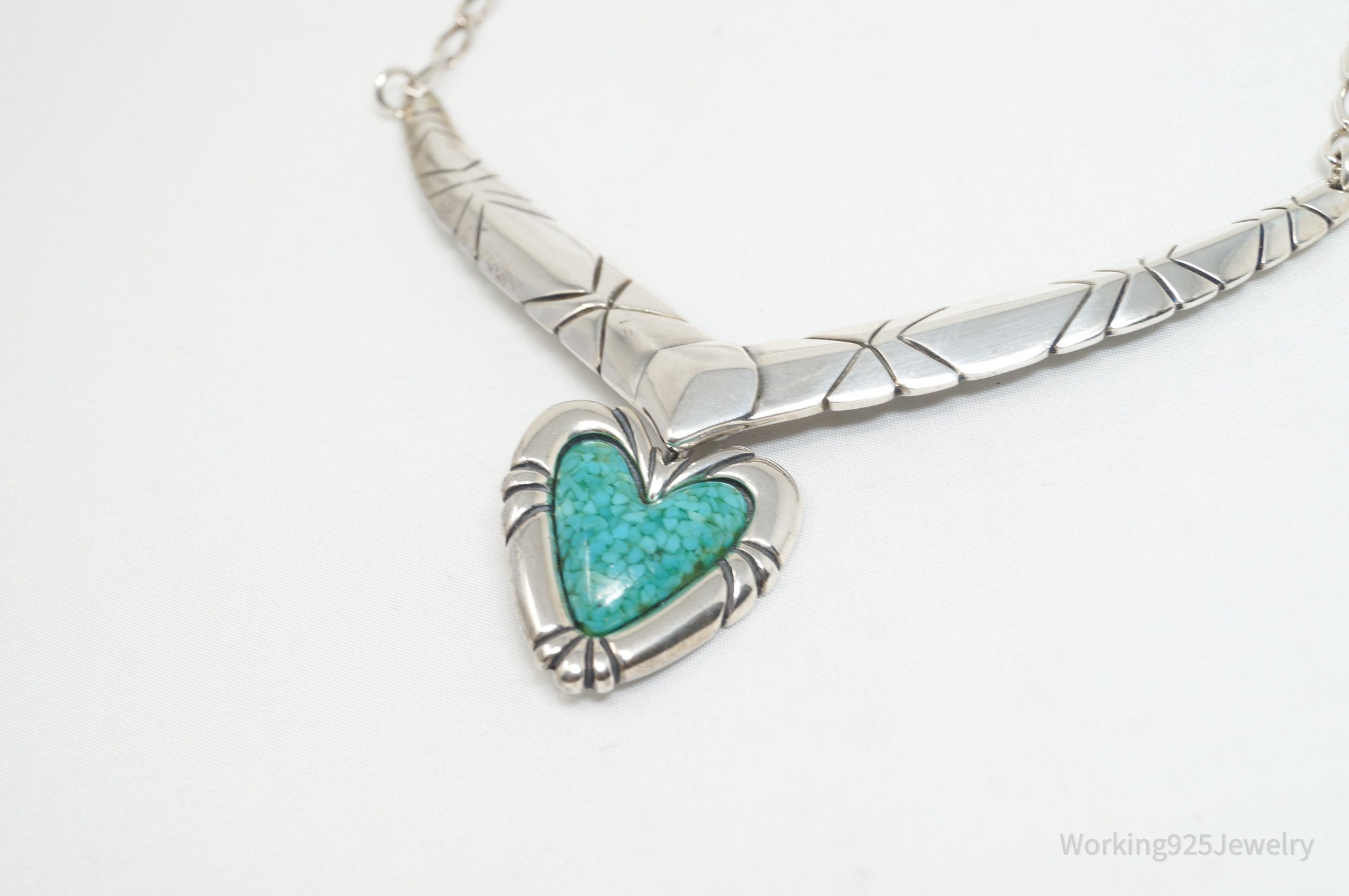 Vintage Designer Carolyn Pollack Turquoise Heart Sterling Silver Necklace