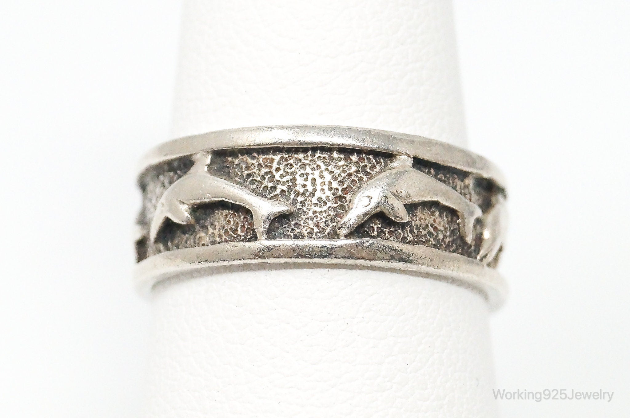 Vintage Designer PSCL Swimming Dolphins Sterling Silver Band Ring - Size 7