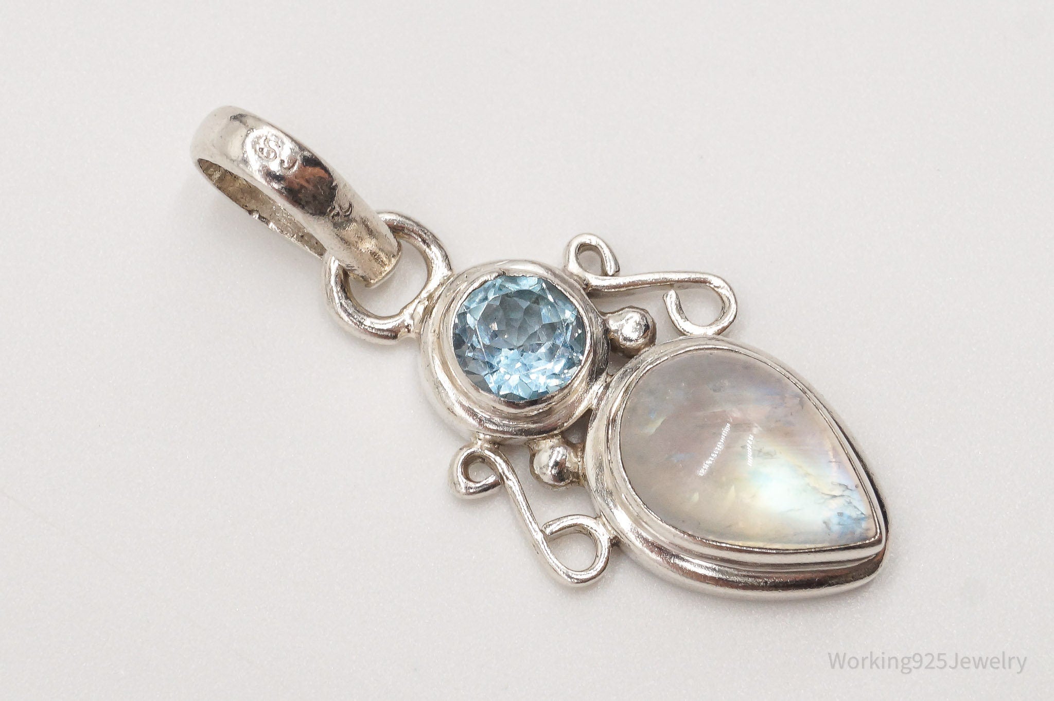 Vintage Designer SJ Blue Topaz Moonstone Sterling Pendant