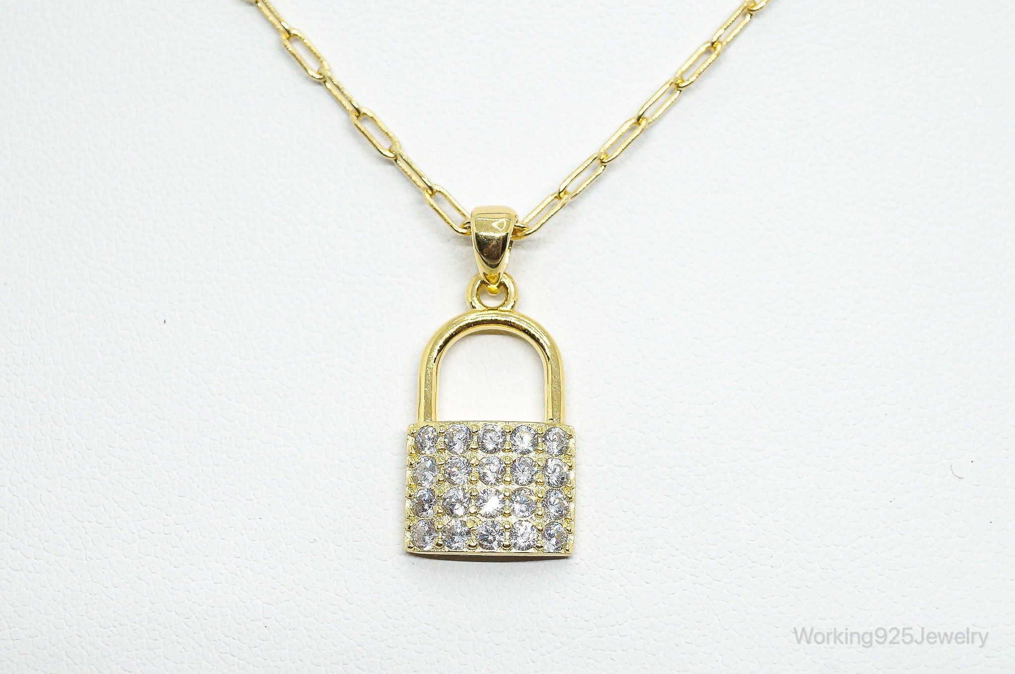 Designer Cubic Zirconia Gold Vermeil Padlock Sterling Silver Necklace