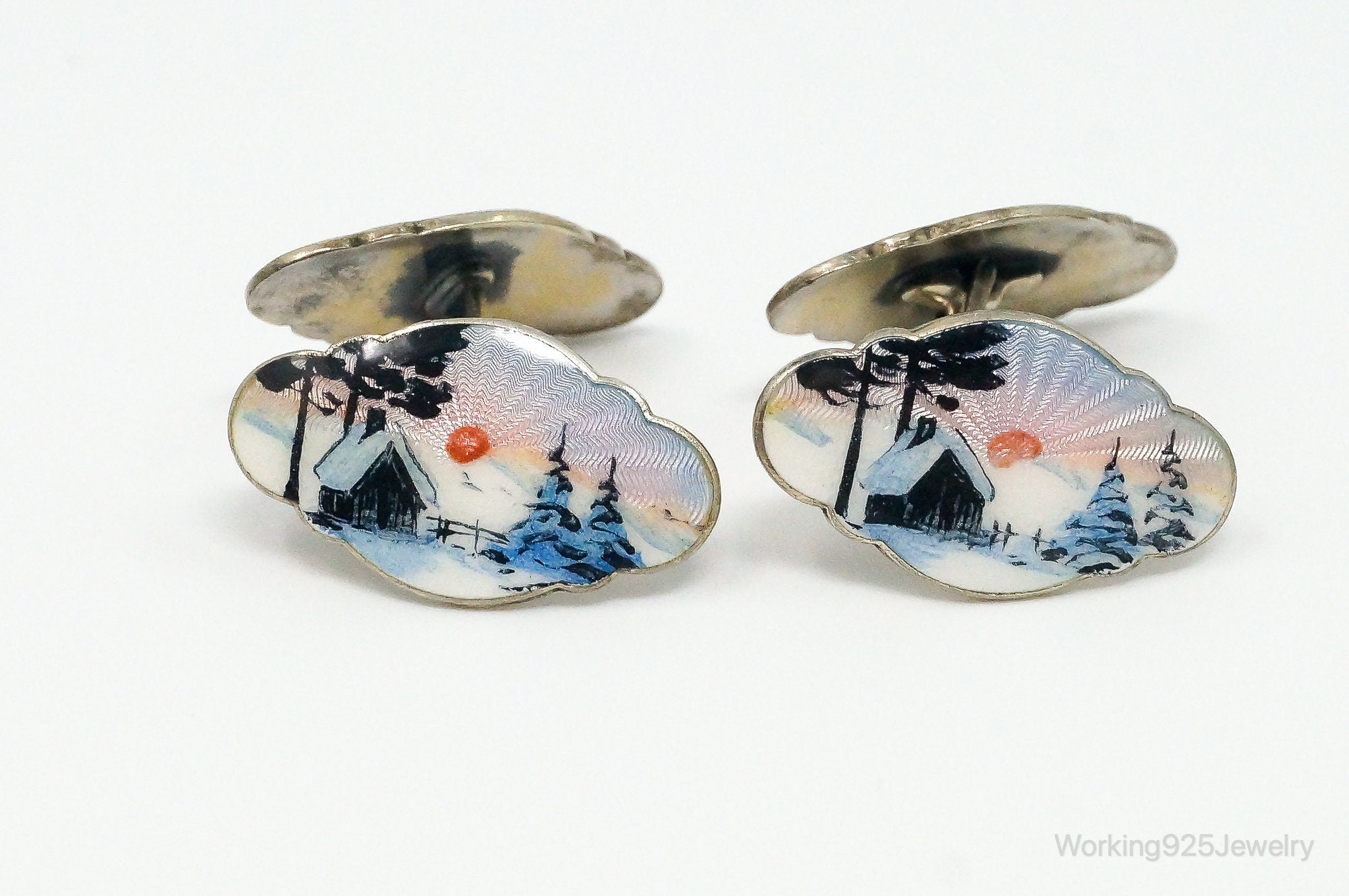 RARE Vintage Aksel Holmsen Enamel Cabin Scene Sterling Silver Cufflinks