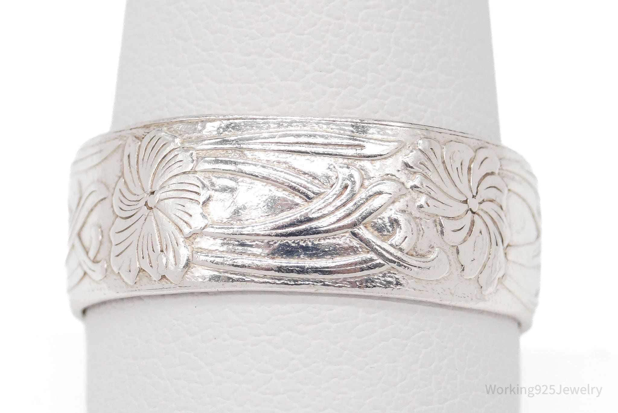 Antique Floral Art Nouveau Silver Band Ring - Size 9.75