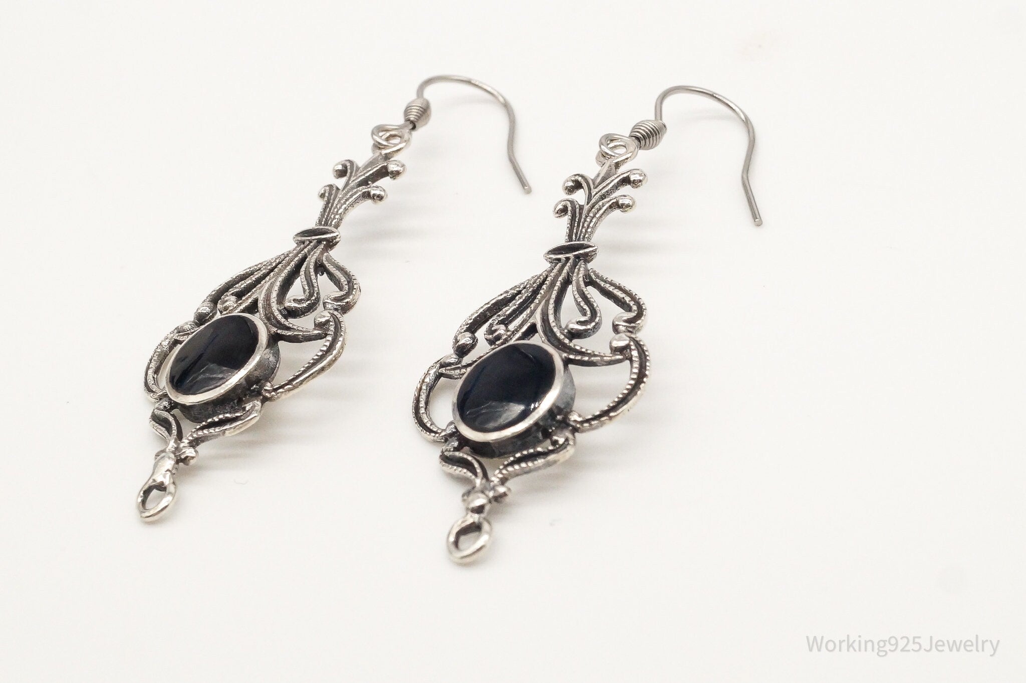 Vintage Black Onyx Openwork Sterling Silver Earrings