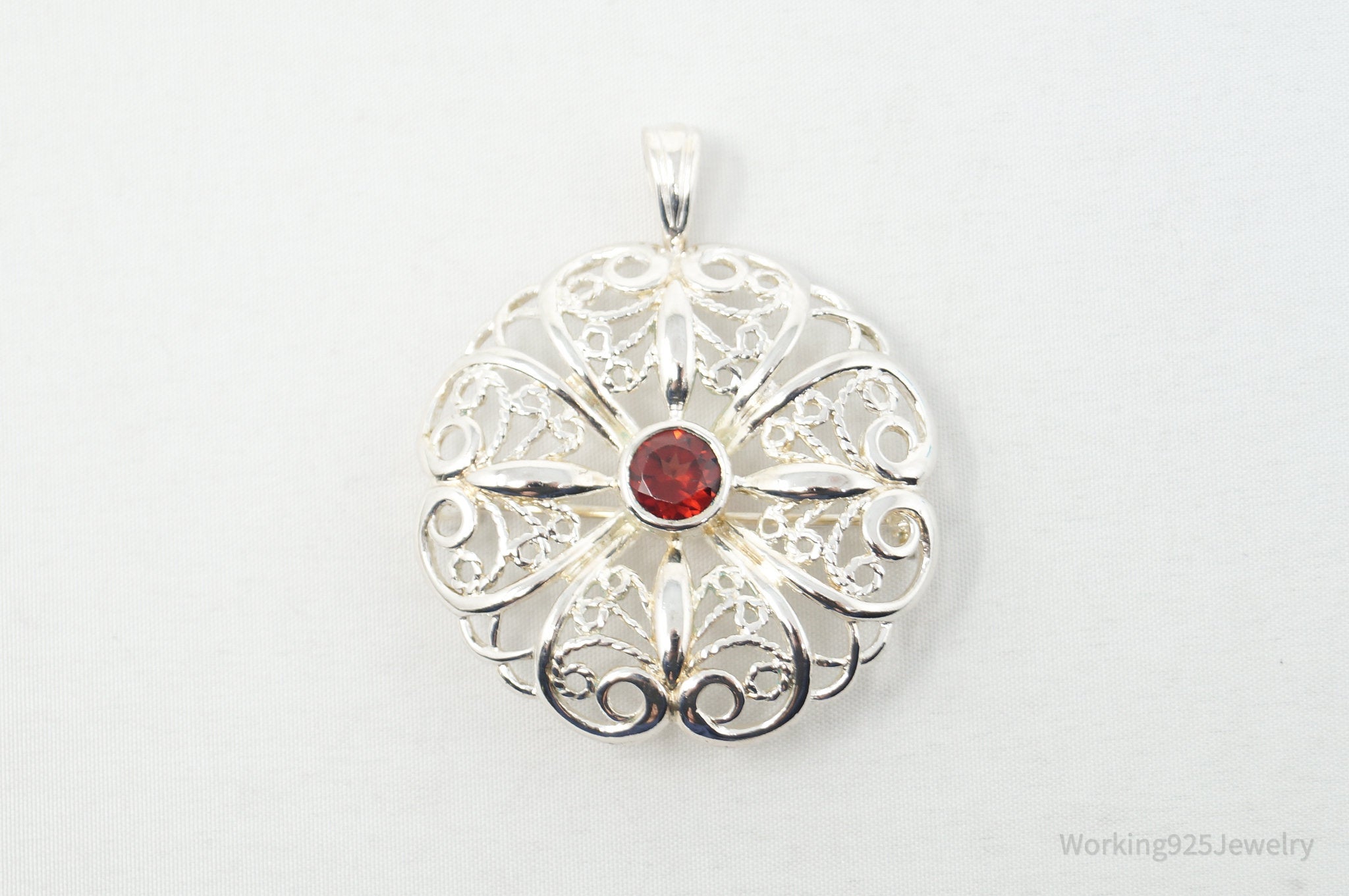 Large Vintage Red Garnet Floral Sterling Silver Brooch Pendant