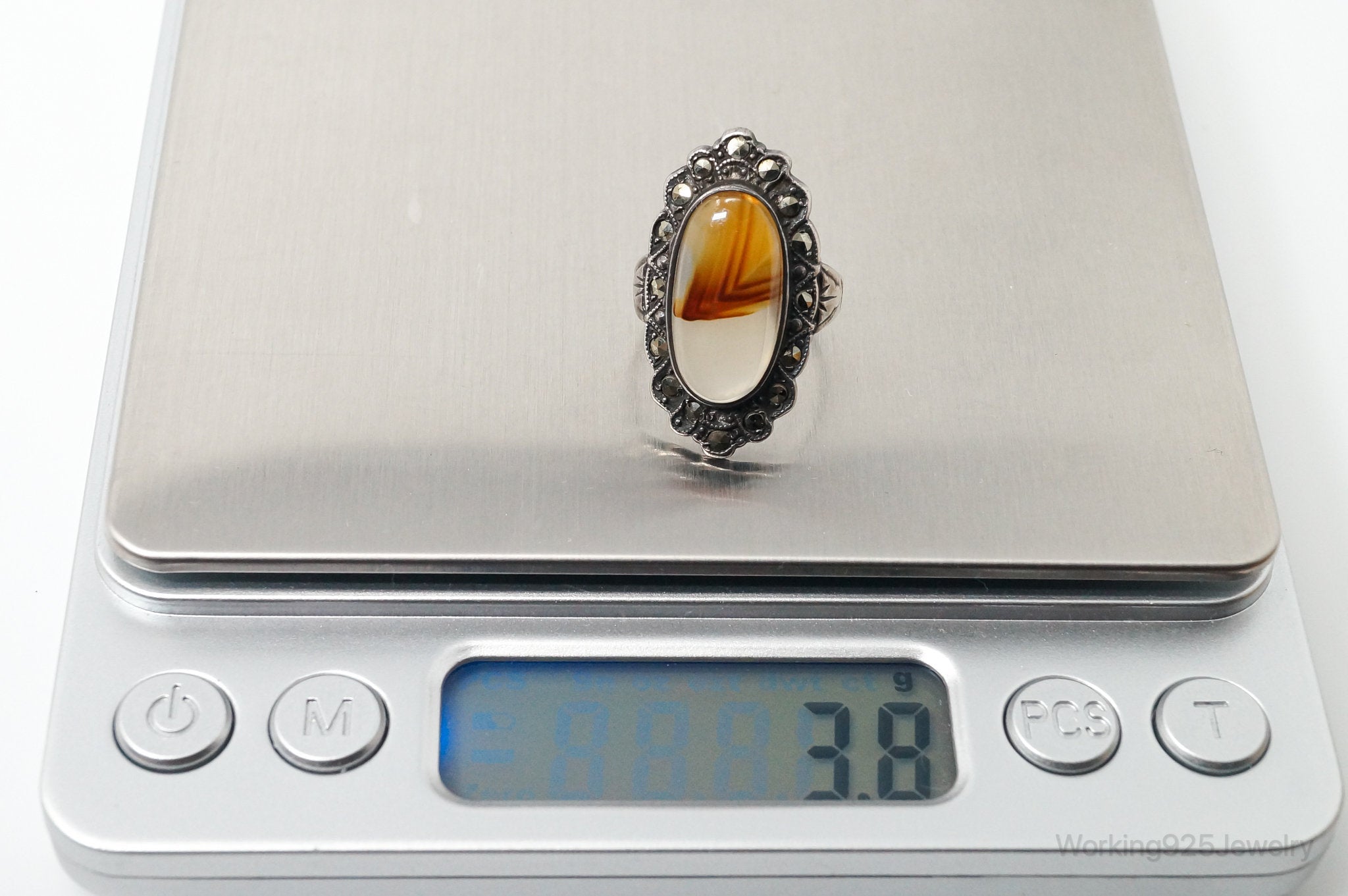 Antique Designer Uncas MFG CO Moss Agate Marcasite Sterling Silver Ring SZ 5.25