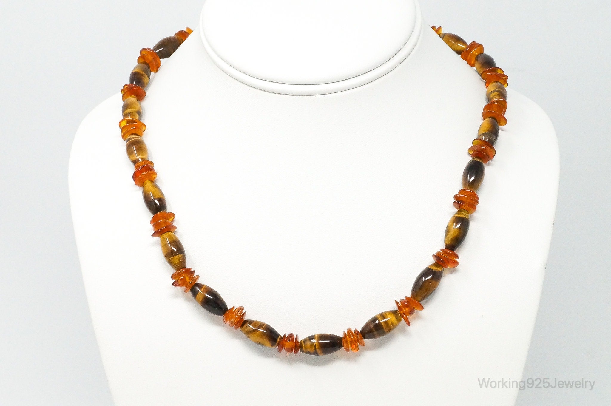 Vintage Designer GSJ Amber Tigers Eye Beads Sterling Silver Necklace