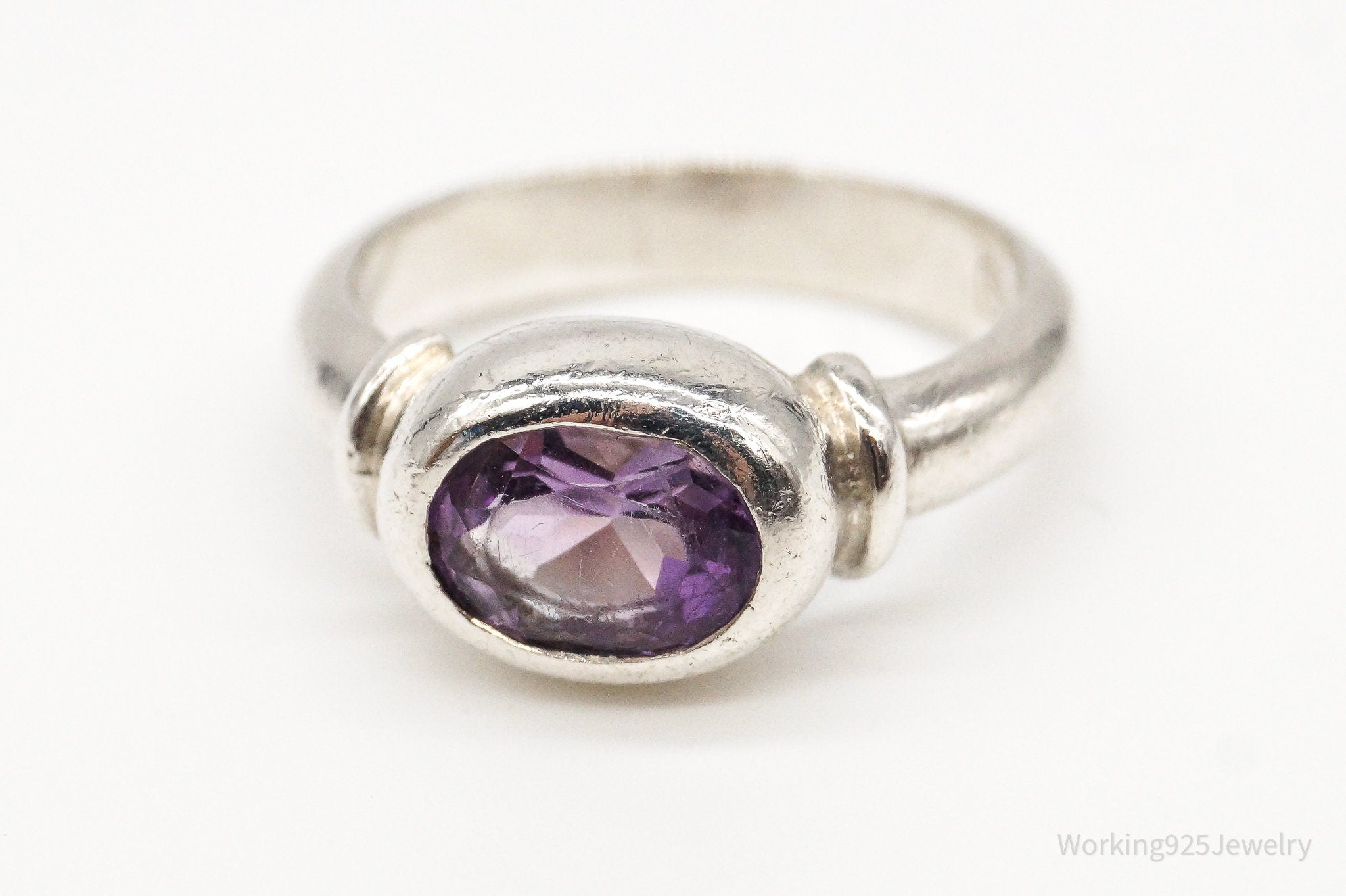 Vintage Designer Modernist Amethyst Sterling Silver Ring - Size 6