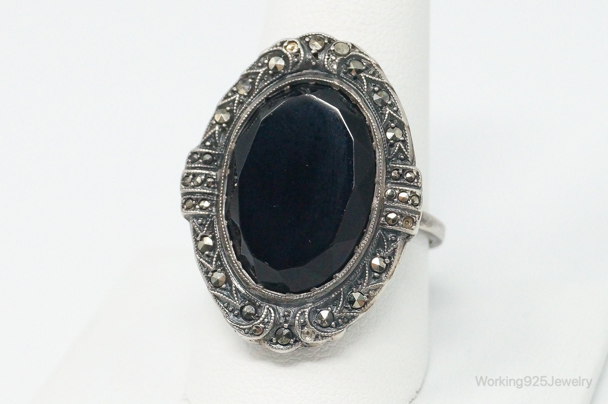 Antique Black Onyx Marcasite Sterling Silver Ring - Size 10.25