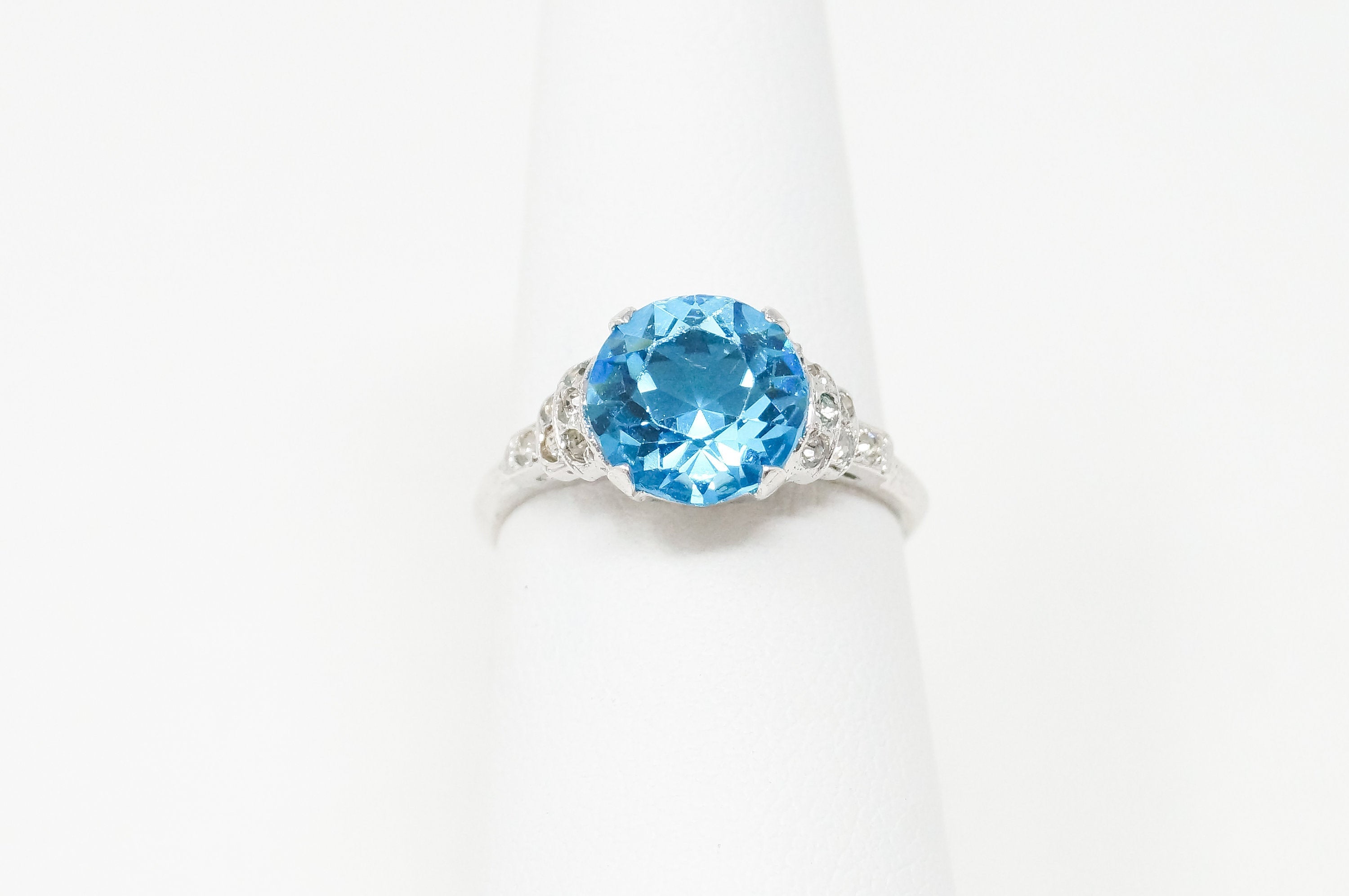 Antique Blue Topaz Cubic Zirconia Art Deco Sterling Silver Ring - Sz 5.75