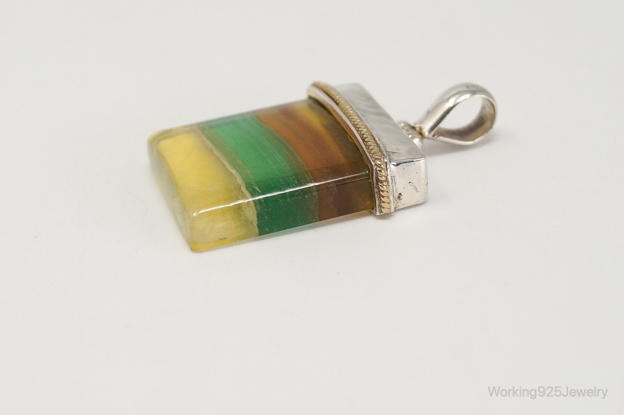 Large Green Yellow Brown Gemstone Gold Vermeil Sterling Silver Pendant