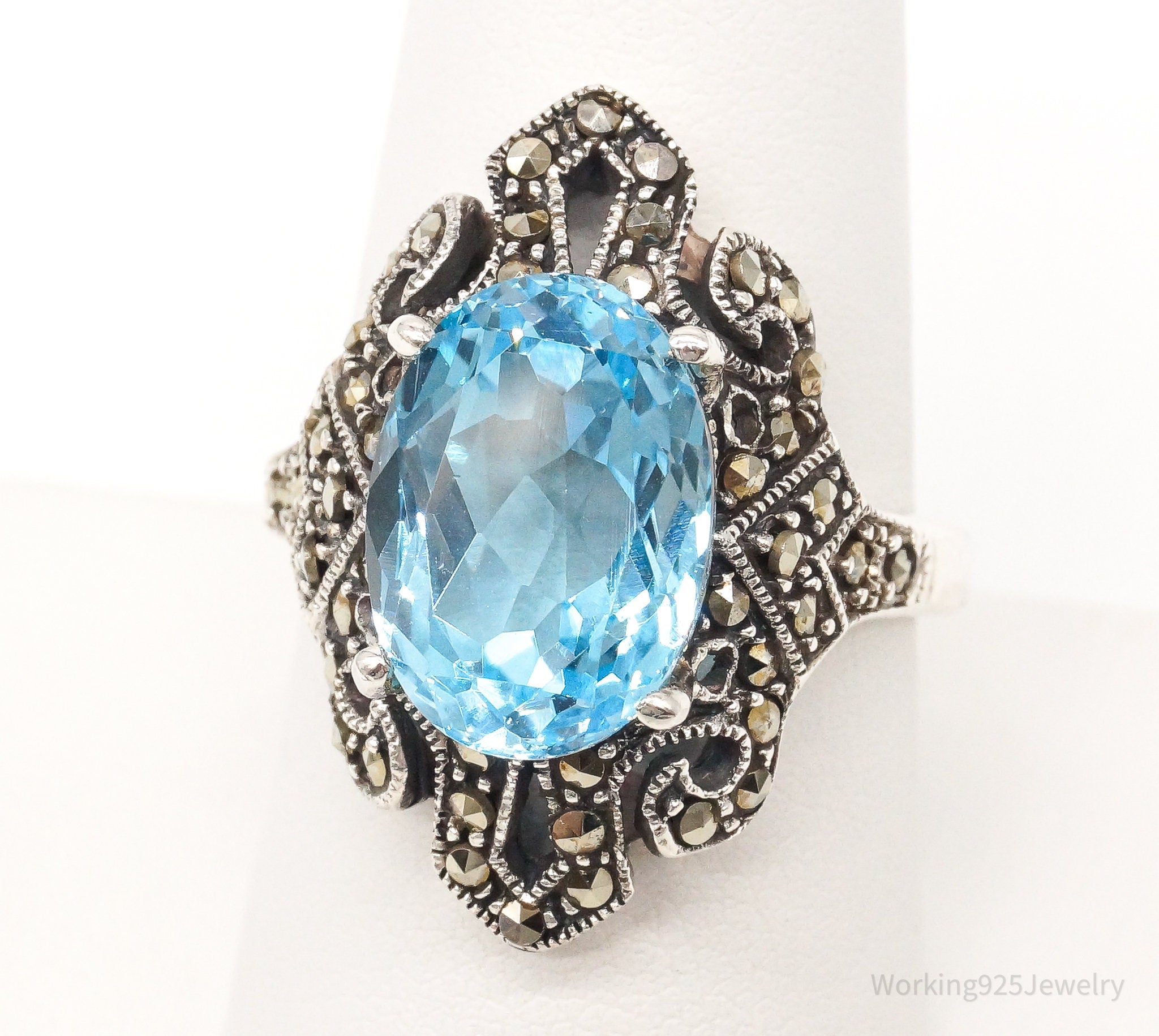 Vintage Large Blue Topaz Marcasite Sterling Silver Ring - Size 8.75