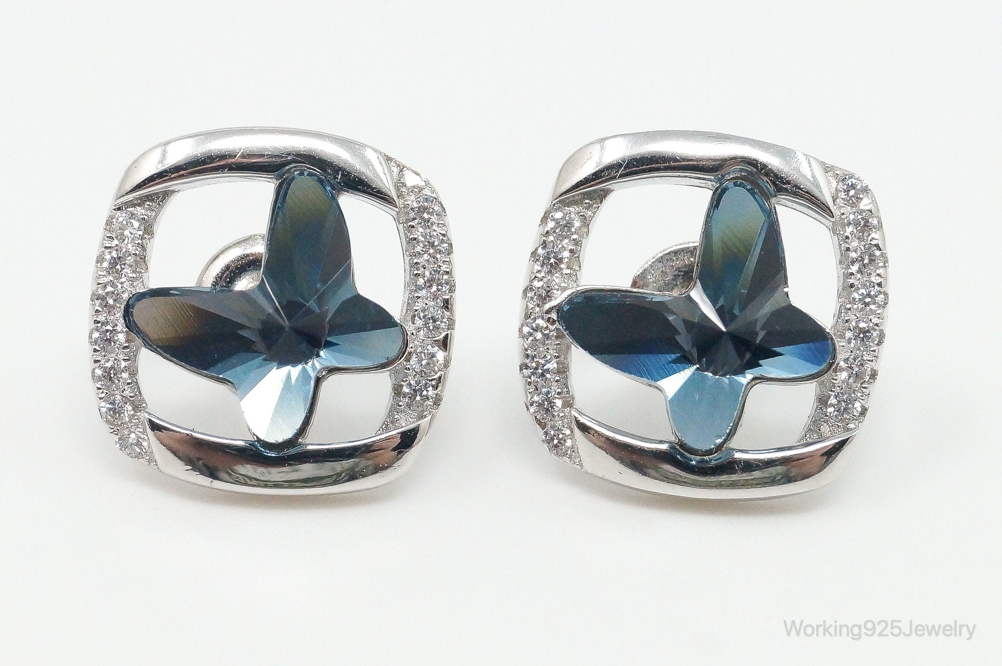 Blue Crystal Cubic Zirconia Butterfly Sterling Silver Earrings