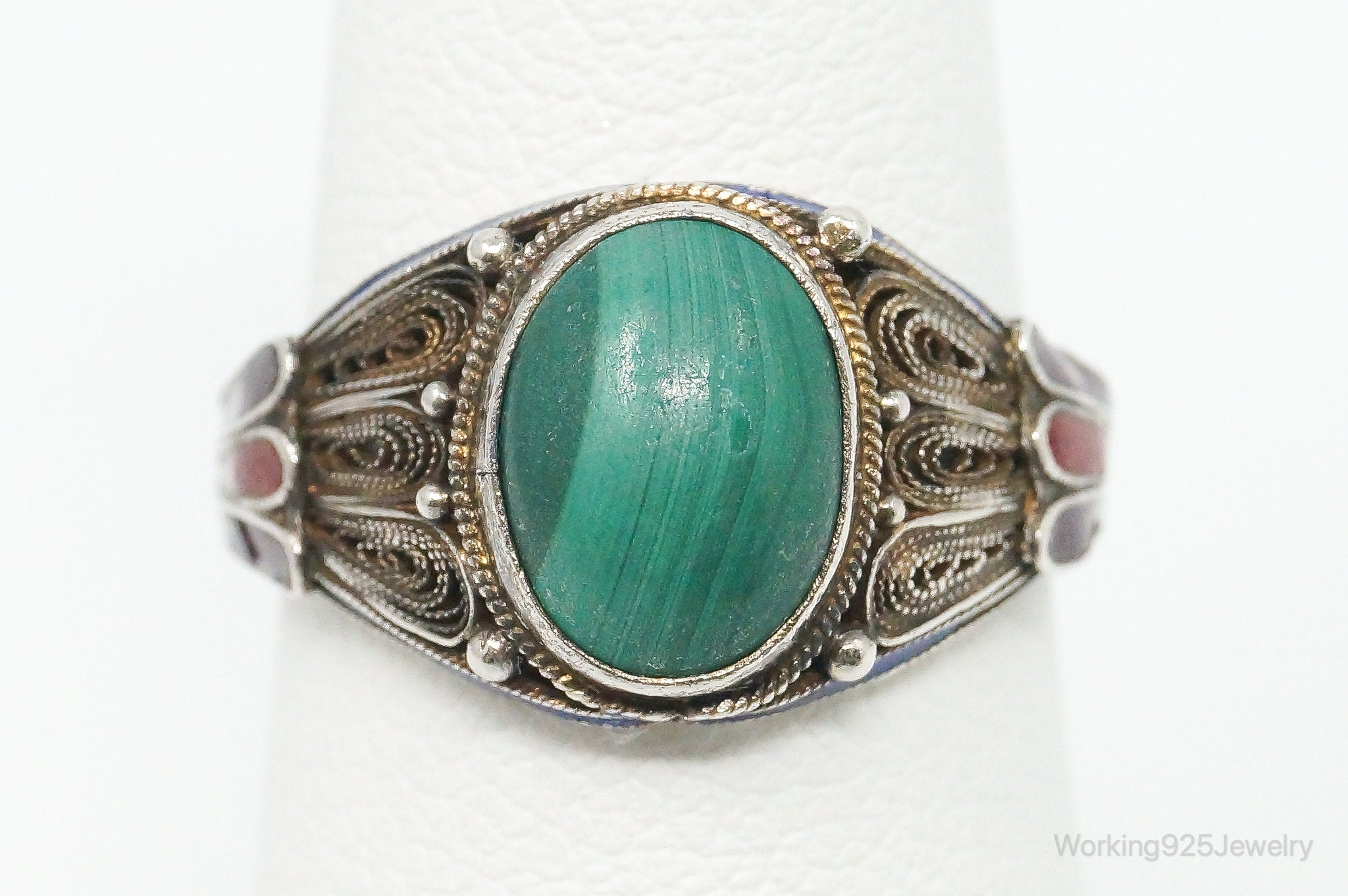 Vintage Chinese Malachite Enamel Filigree Silver Ring - Size 6.5