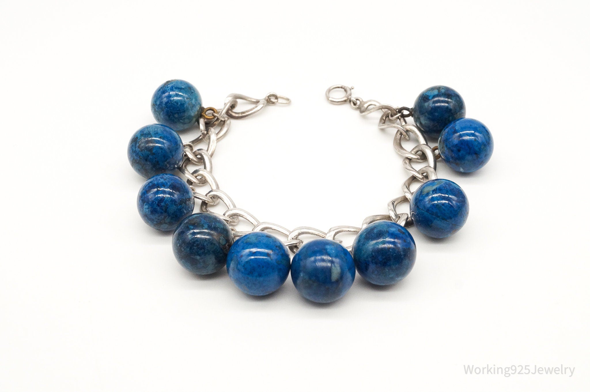 Antique Blue Stone Dangle Balls Sterling Silver Chain Bracelet