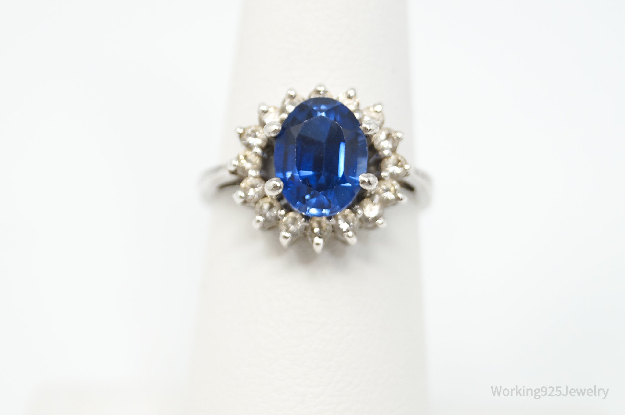 Vintage Art Deco Style Blue Glass CZ Sterling Silver Ring - Size 6