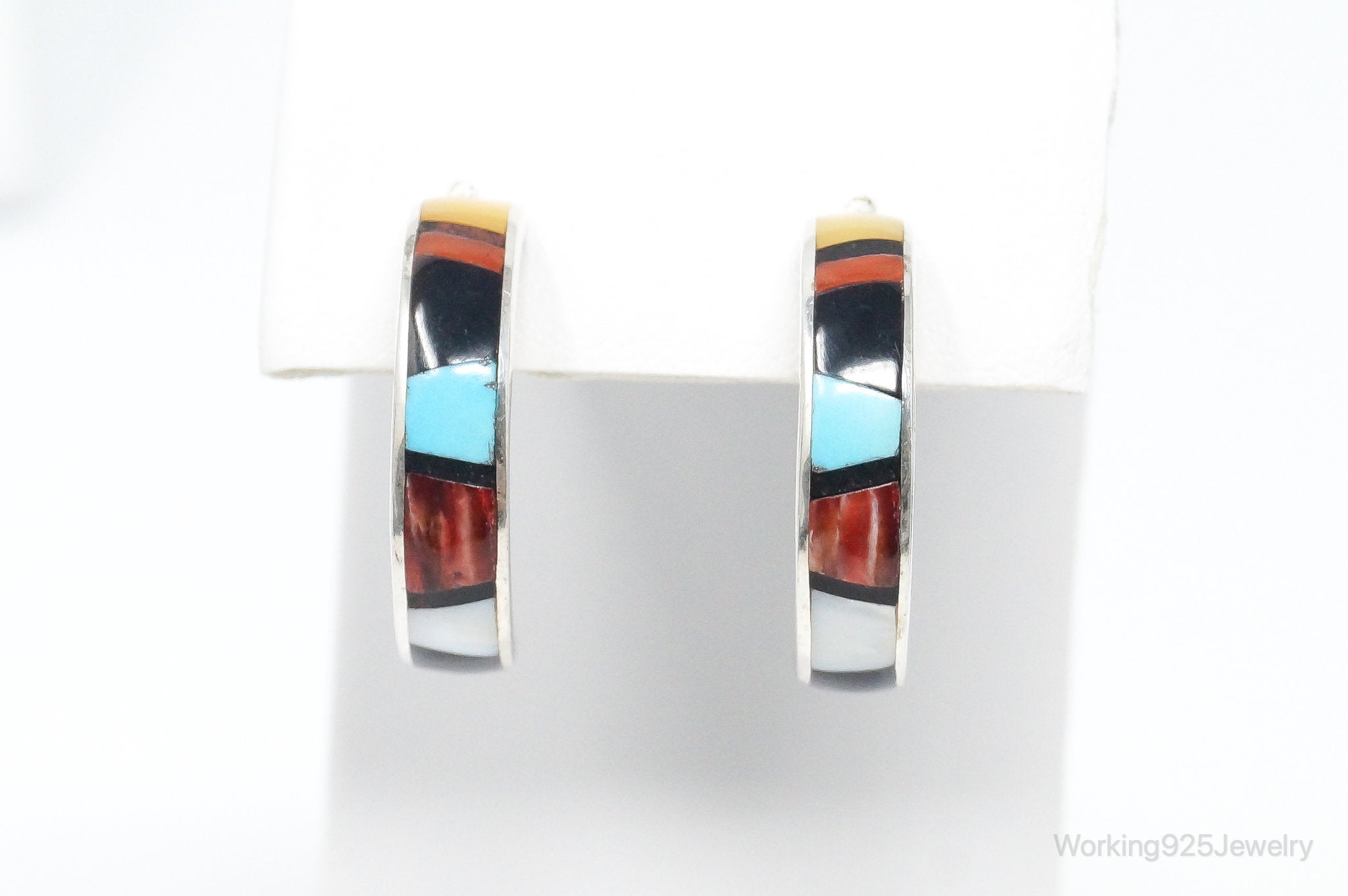 Vintage Handmade Native American Multi Gem Inlay Sterling Silver Earrings