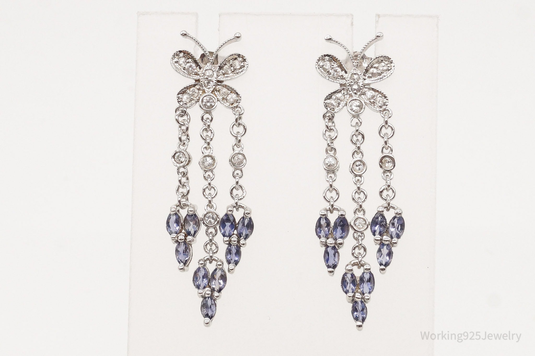 Vintage Iolite Cubic Zirconia Butterfly Sterling Silver Earrings