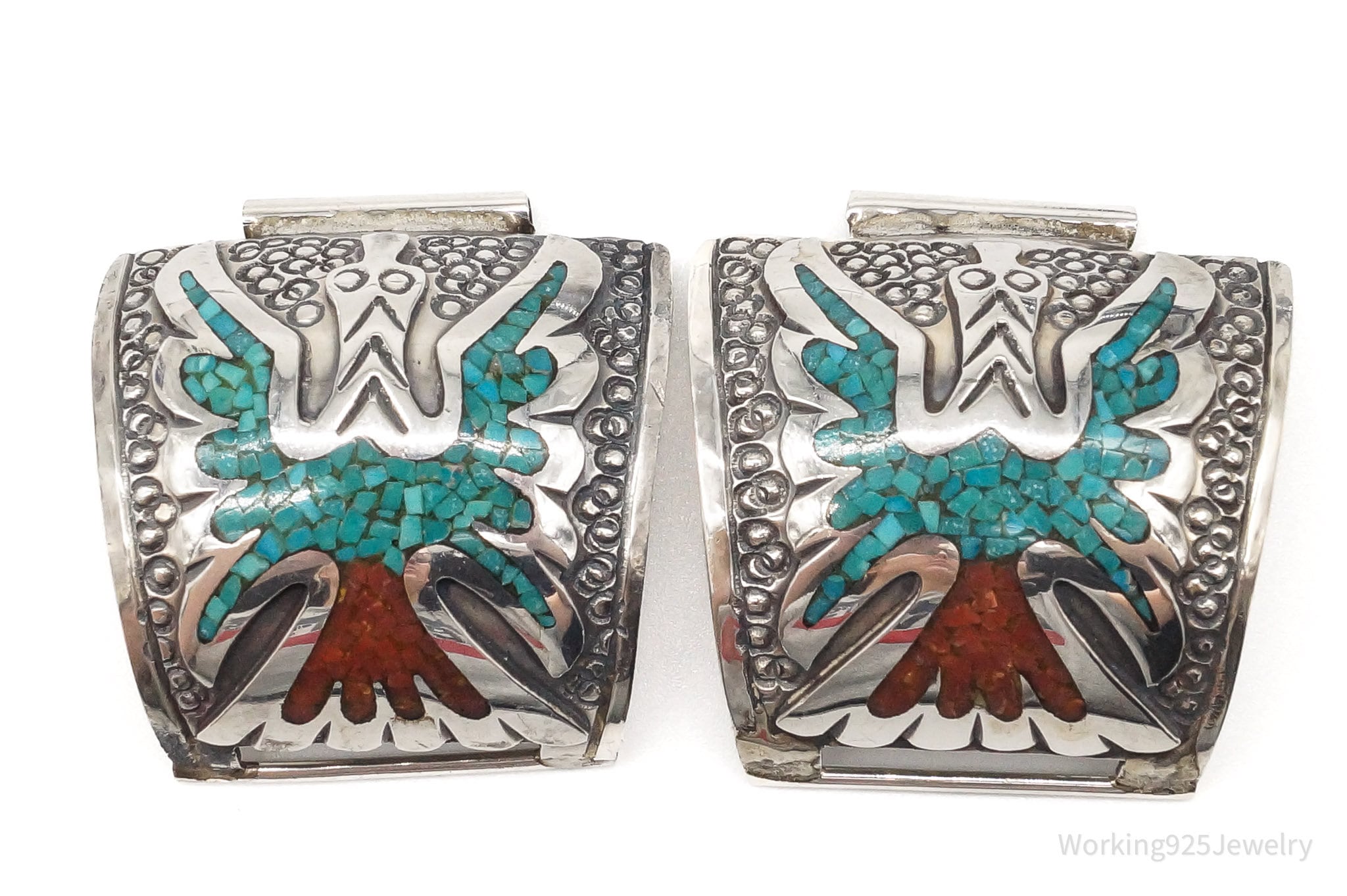 RARE Native American Thomas Singer Turquoise Coral Silver Watch Ends Tips