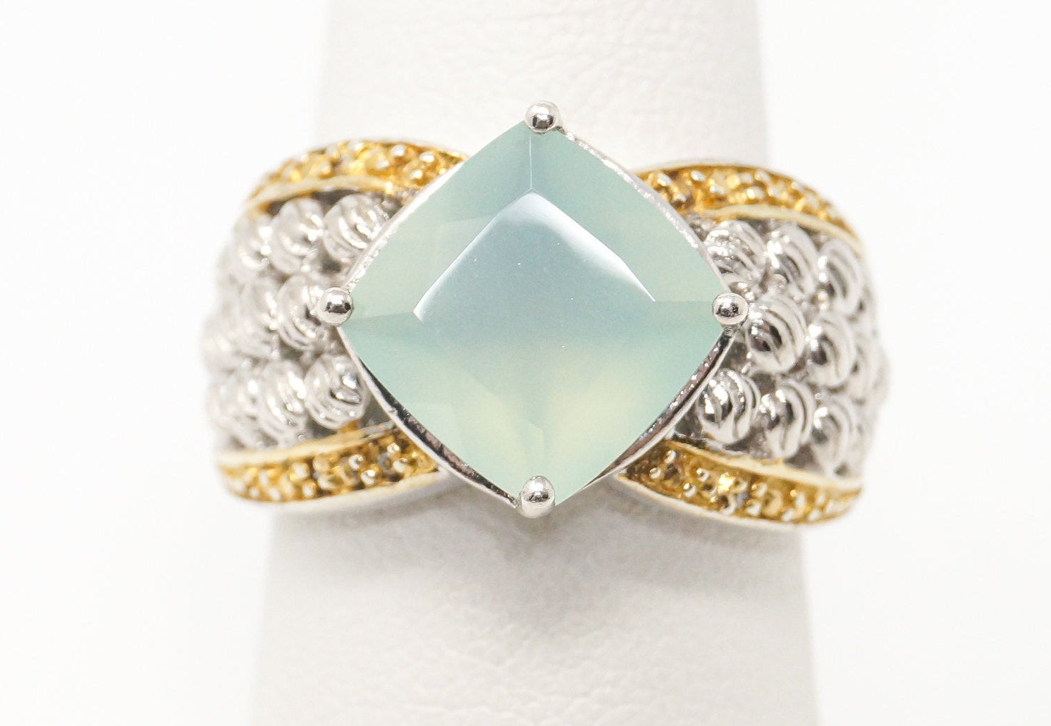 Vintage Designer Aqua Chalcedony Diamond Gold Vermeil Sterling Silver Ring Sz 7