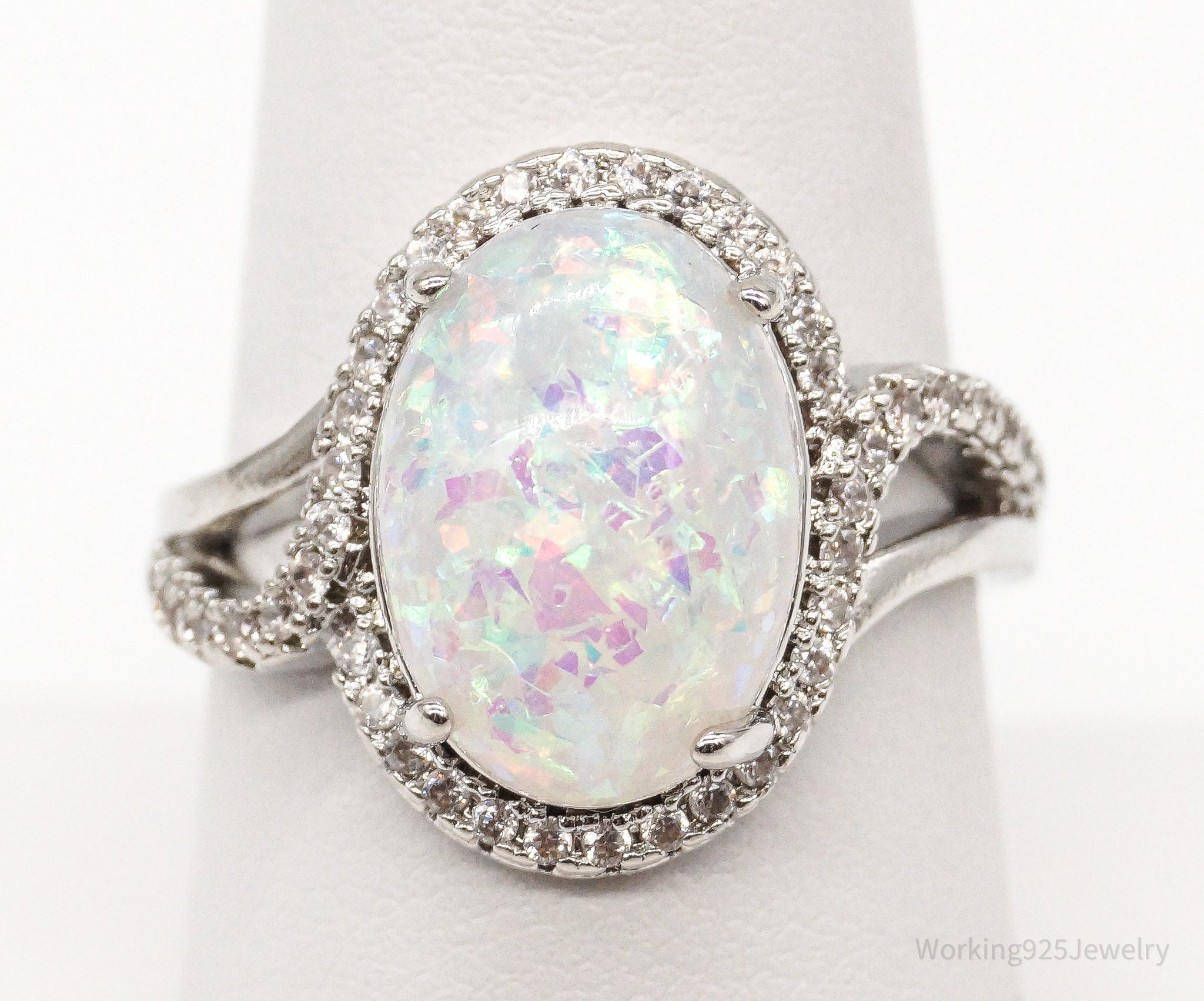 Vintage Faux Opal Cubic Zirconia Sterling Silver Ring - Size 7.75