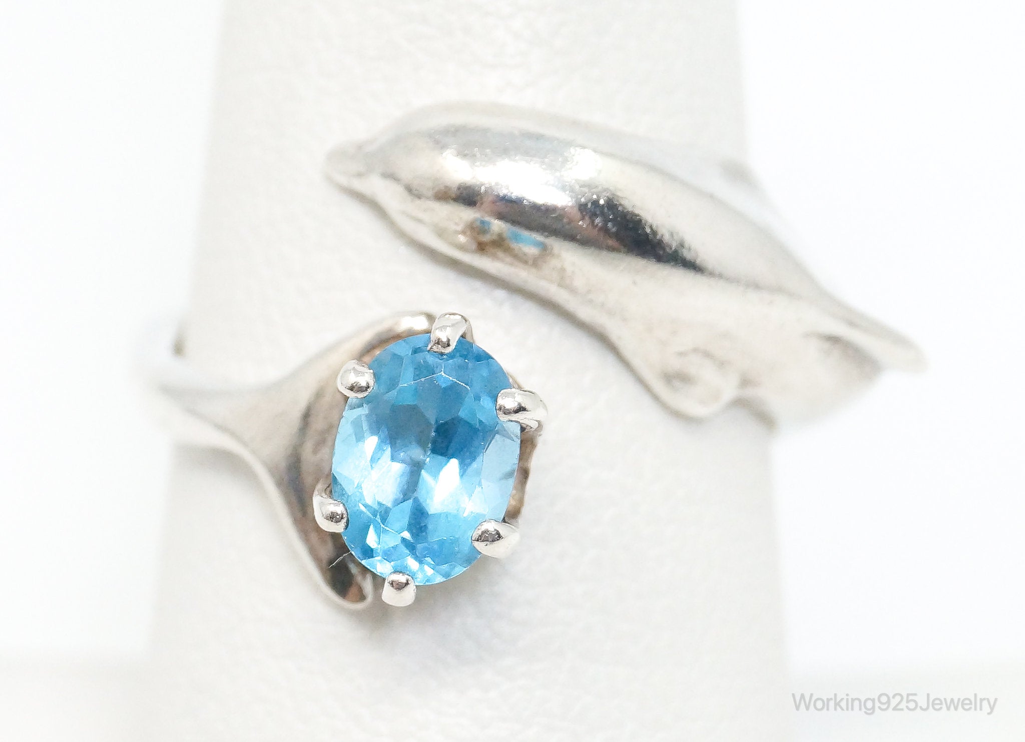 Vintage Blue Topaz Dolphin Sterling Silver Wrap Ring - Size 7.75