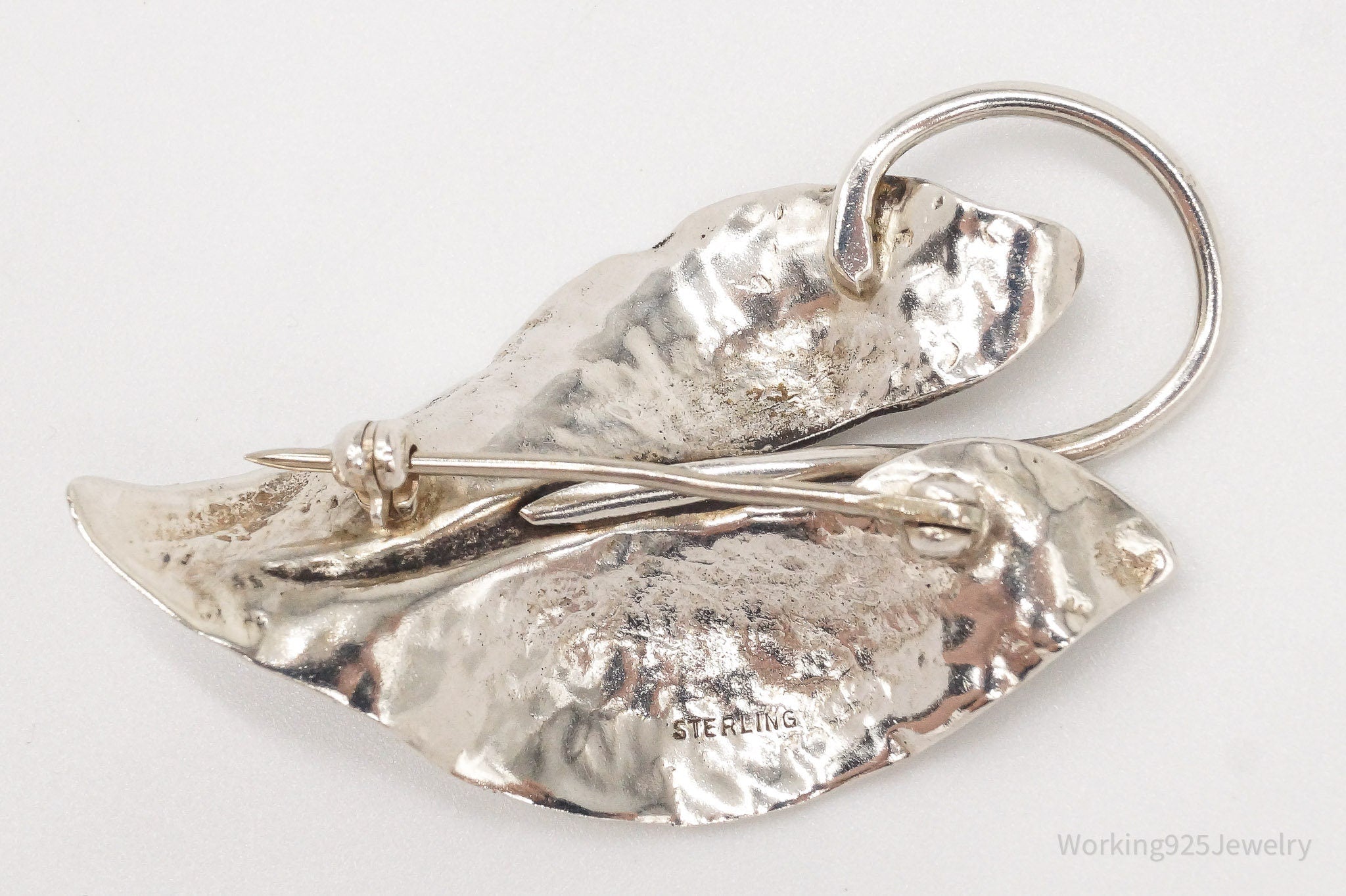 Large Antique Sterling Silver Leaf Pin Brooch