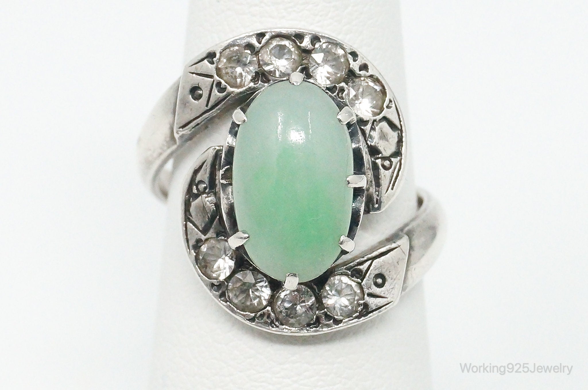 Antique Cubic Zirconia Green Gemstone Sterling Silver Ring - Size 6.5