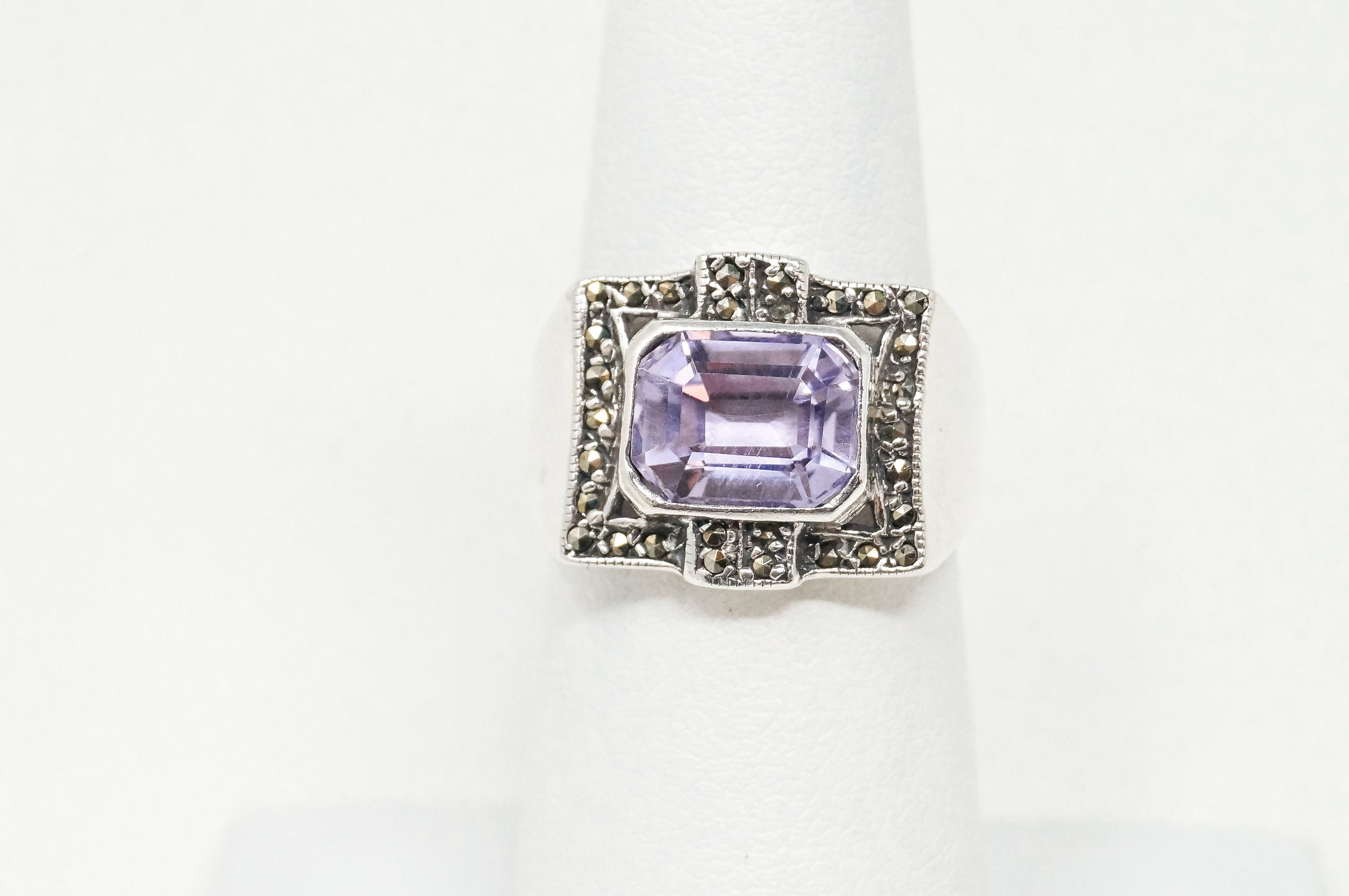 Vintage Art Deco Amethyst Marcasite Sterling Silver Ring - Sz 6 - 798977057