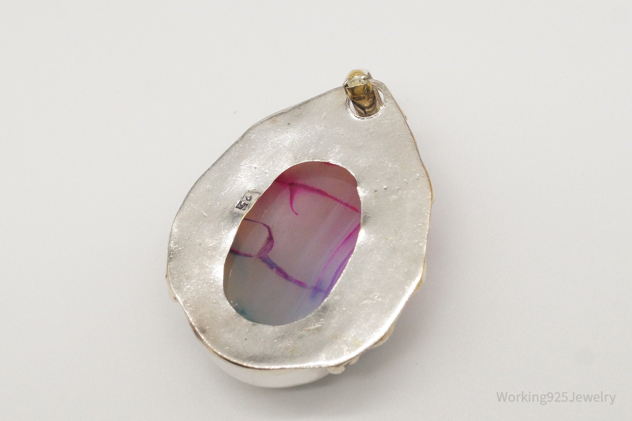 Large Pink & Blue Dyed Stone Bali Sterling Silver Pendant