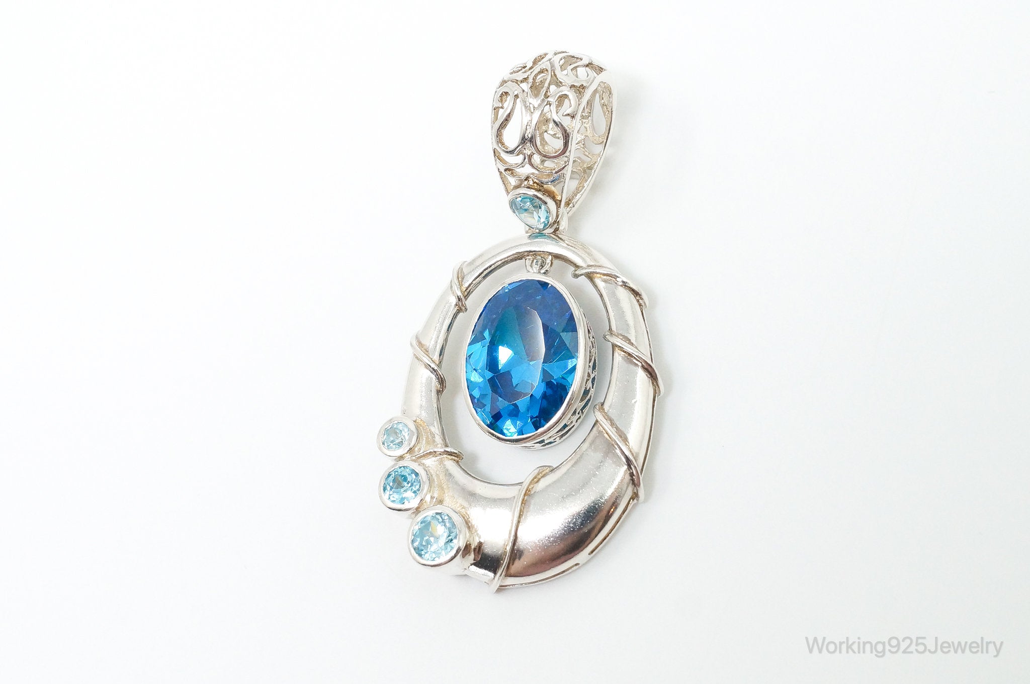 Vintage Art Deco Large Blue Topaz Sterling Silver Pendant