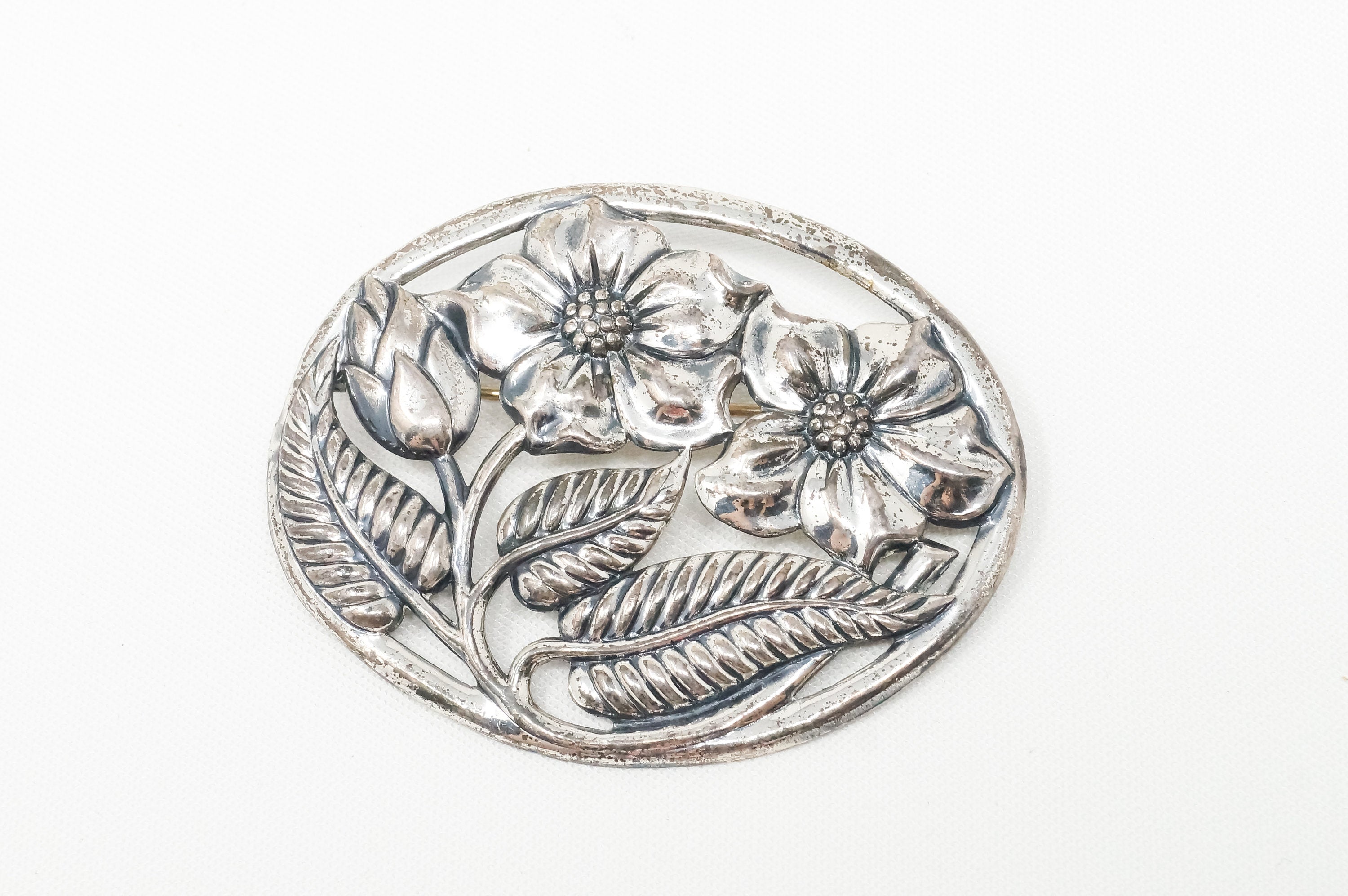 Vintage Designer Danecraft Large Sterling Silver Flower Motif Pin Brooch