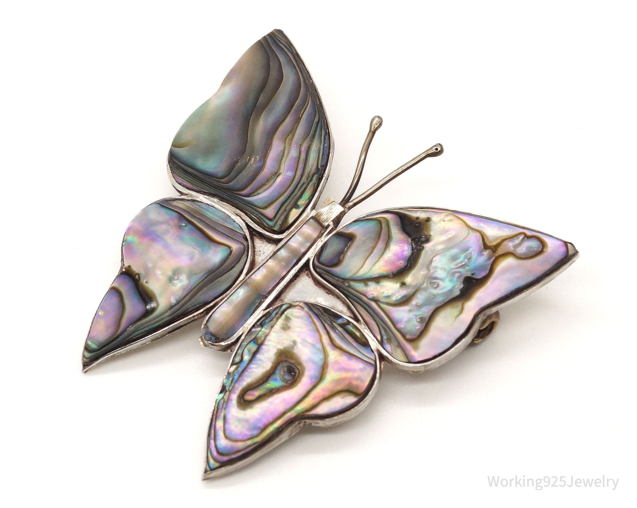 Large Vintage Paua Abalone Shell Butterfly Sterling Silver Mexico Brooch Pin