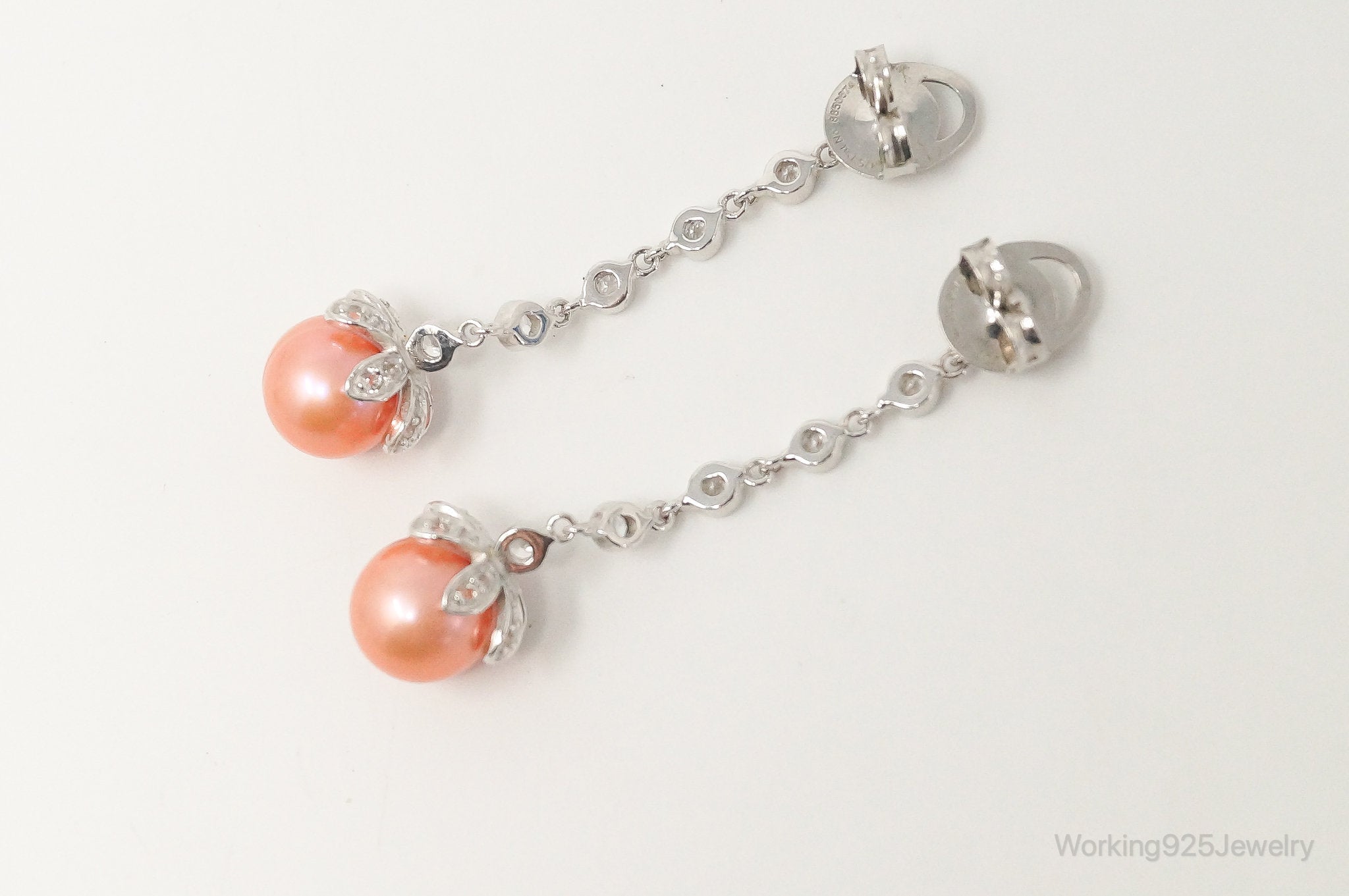 Italian Designer Peach Pearl Cubic Zirconia Sterling Silver Earrings