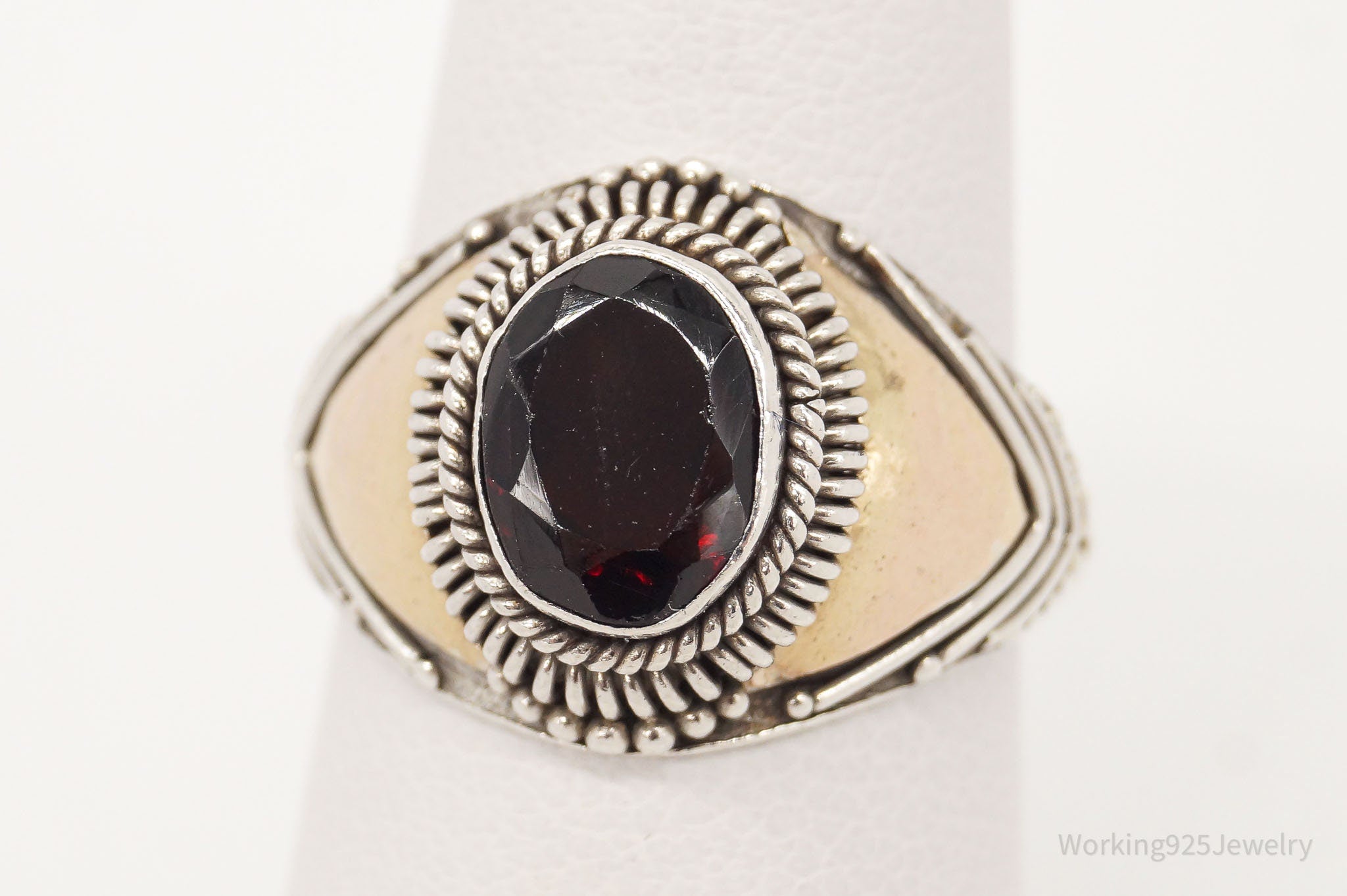 Vintage Garnet Brass Sterling Silver Ring Size 6.75