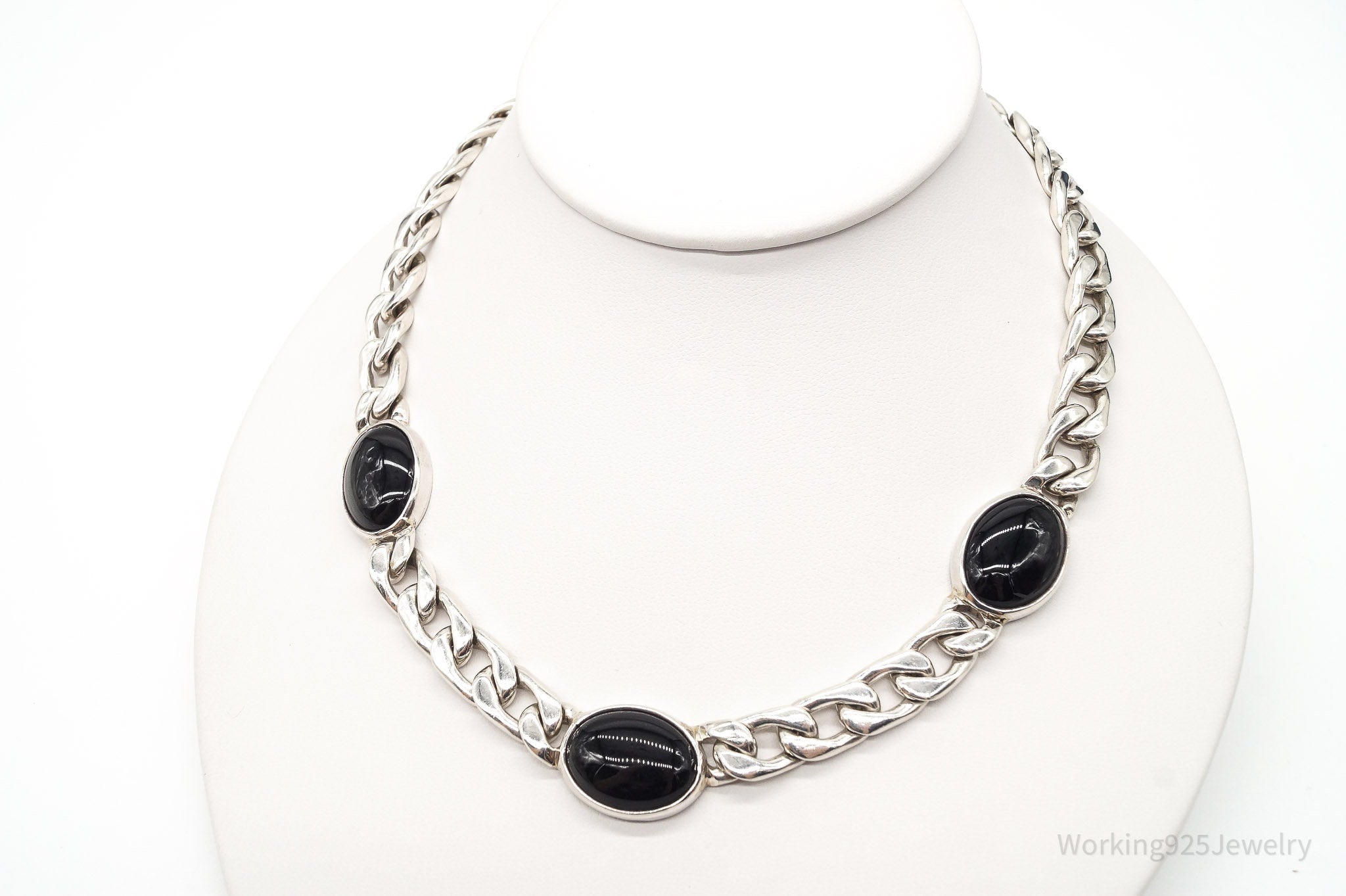 Vintage Black Onyx Curb Chain Sterling Silver Necklace