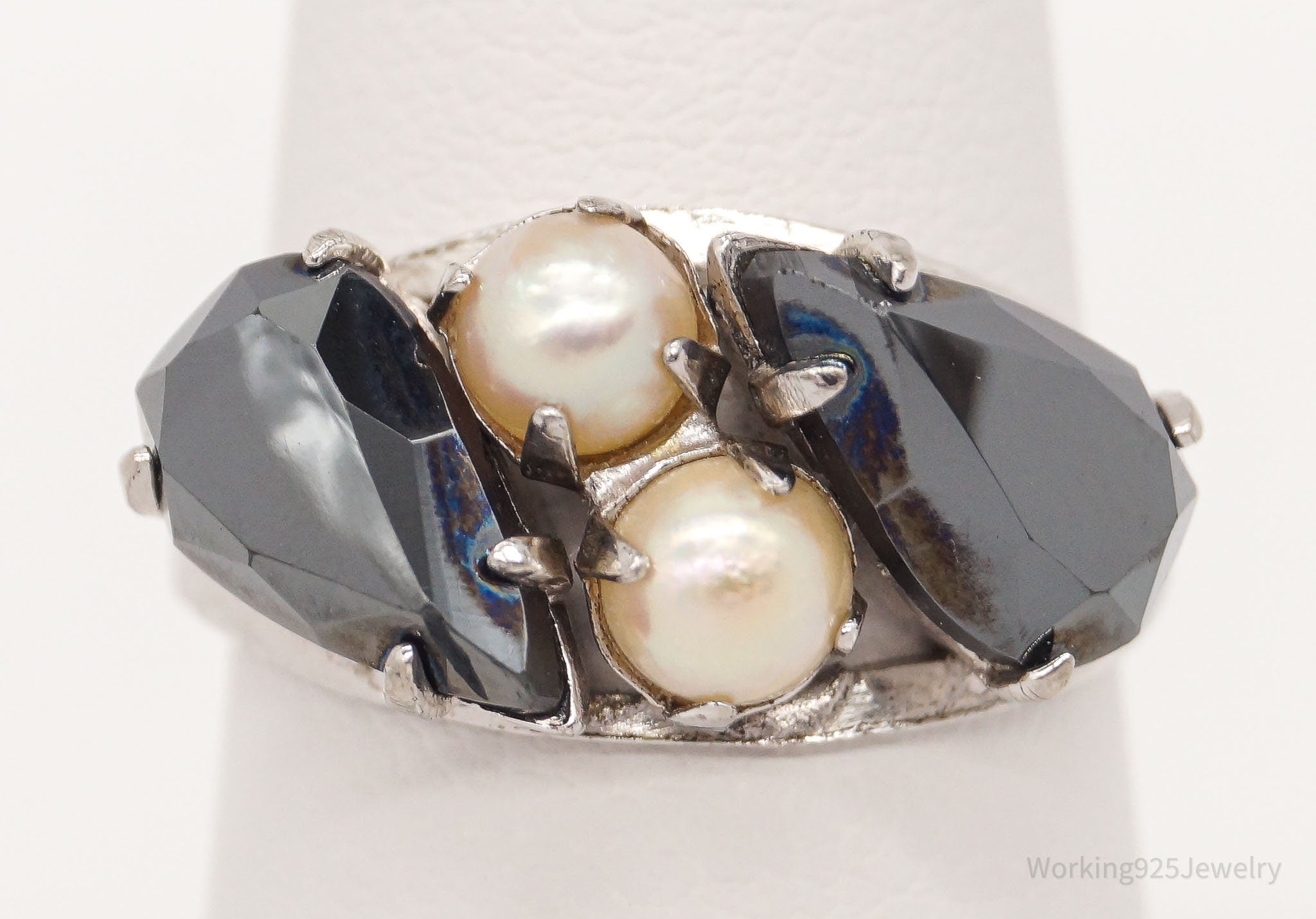 Antique Hematite Pearl Rhodium Plated Sterling Silver Ring - Size 6.5