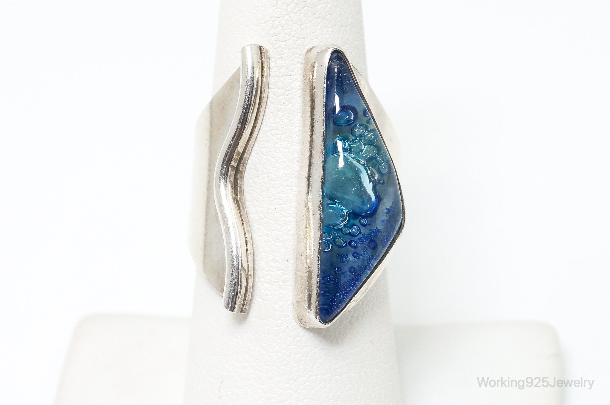 Vintage Blue Dichroic Glass Modernist Sterling Silver Wrap Ring SZ 8.25