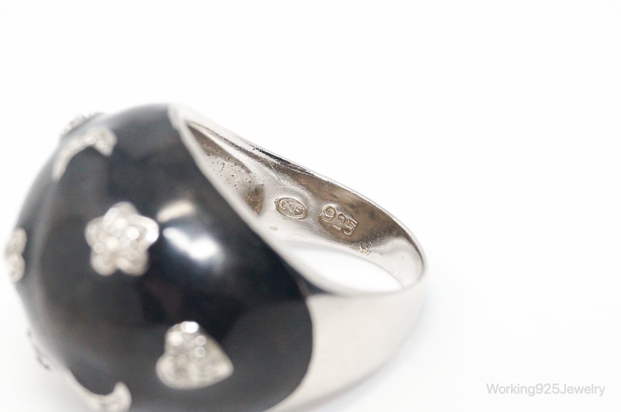 Vintage Designer CSF Black CZ Stars Moons Hearts Sterling Silver Ring - Size 8