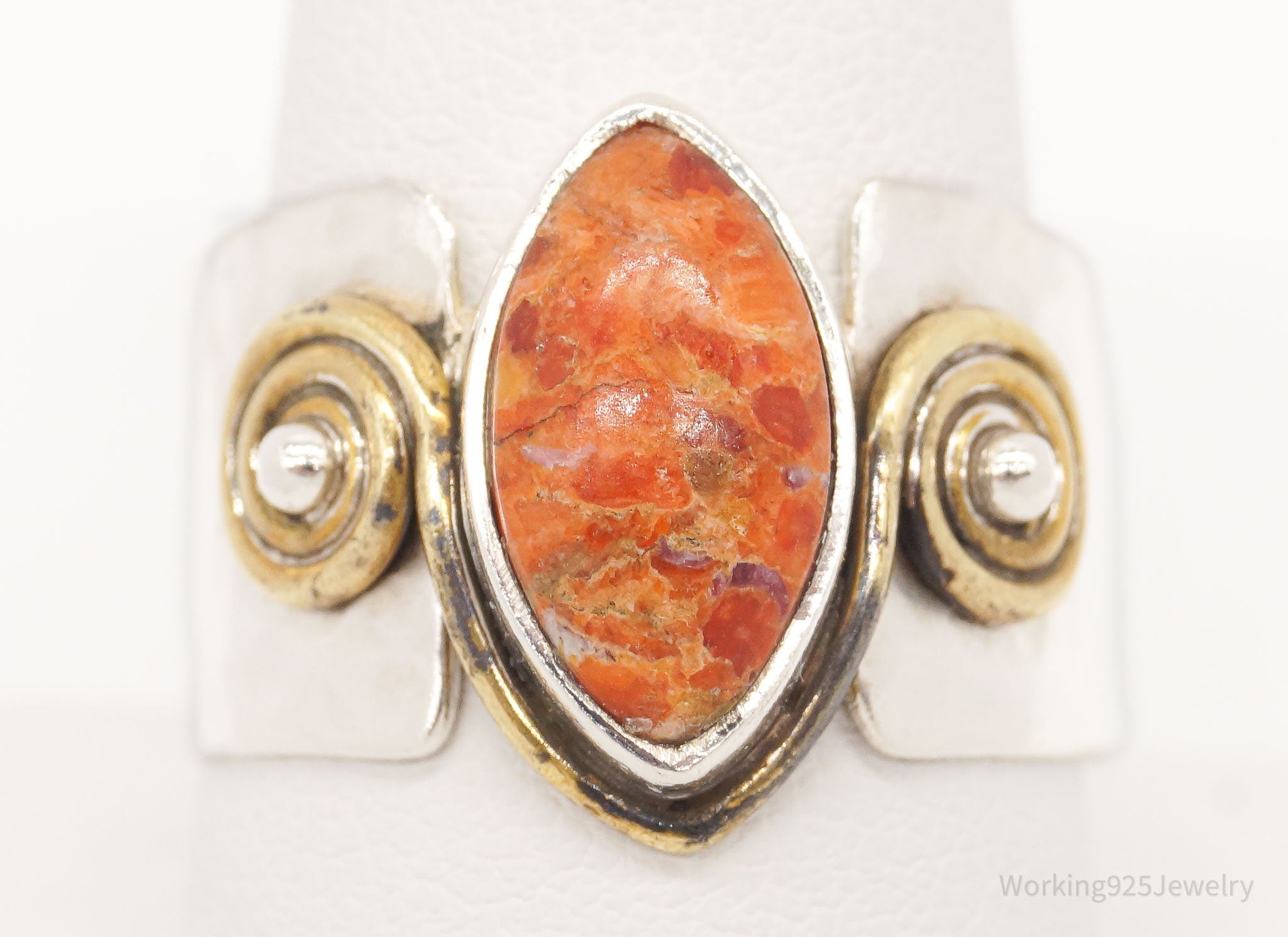 Vintage India Orange Jasper Brass Sterling Silver Ring - Size 9.75