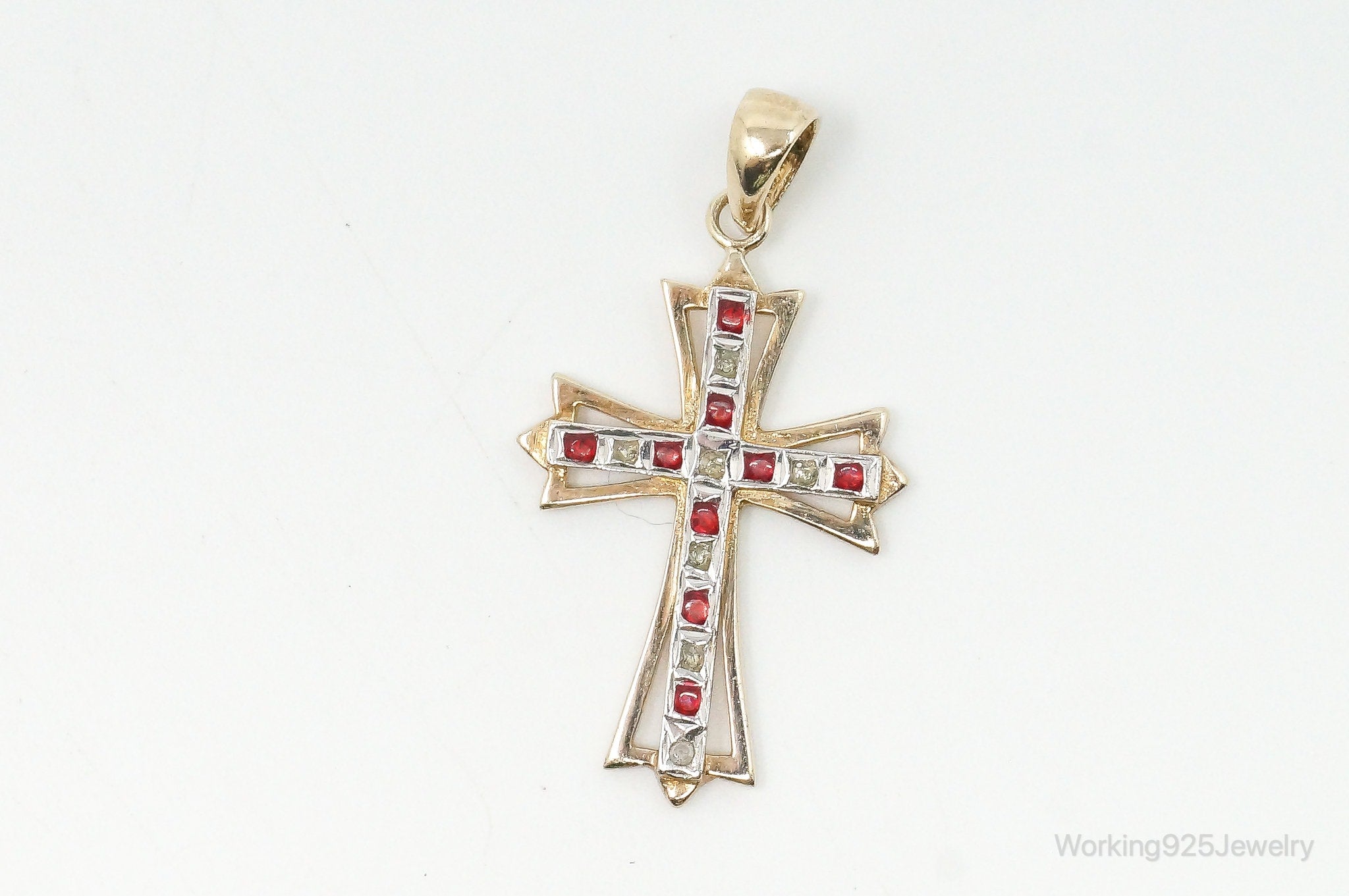 Vintage Designer SLC Ruby Rhinestone Gold Vermeil Cross Sterling Silver Pendant