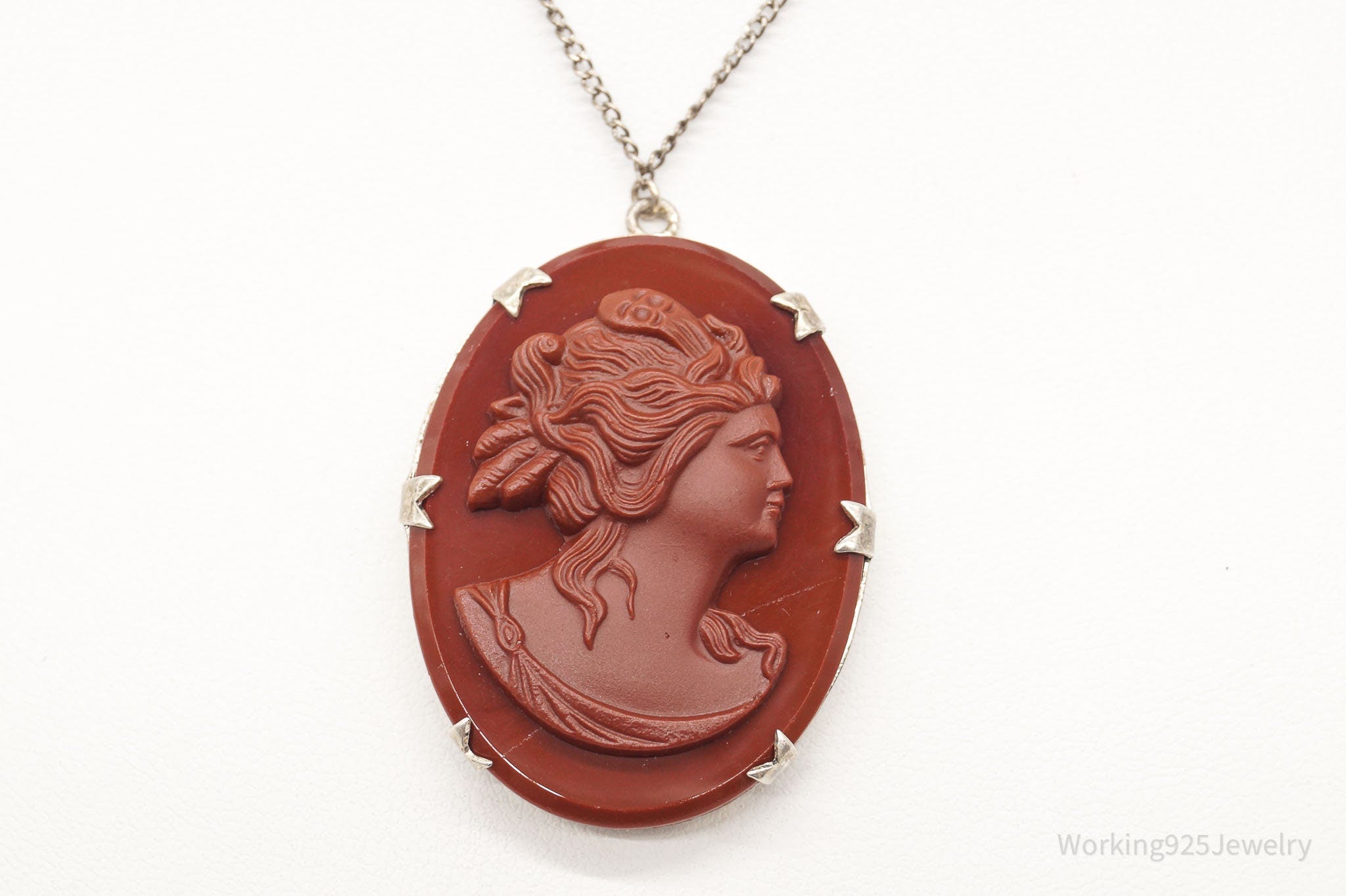 Antique Large Carved Stone Lady Cameo Sterling Silver Necklace