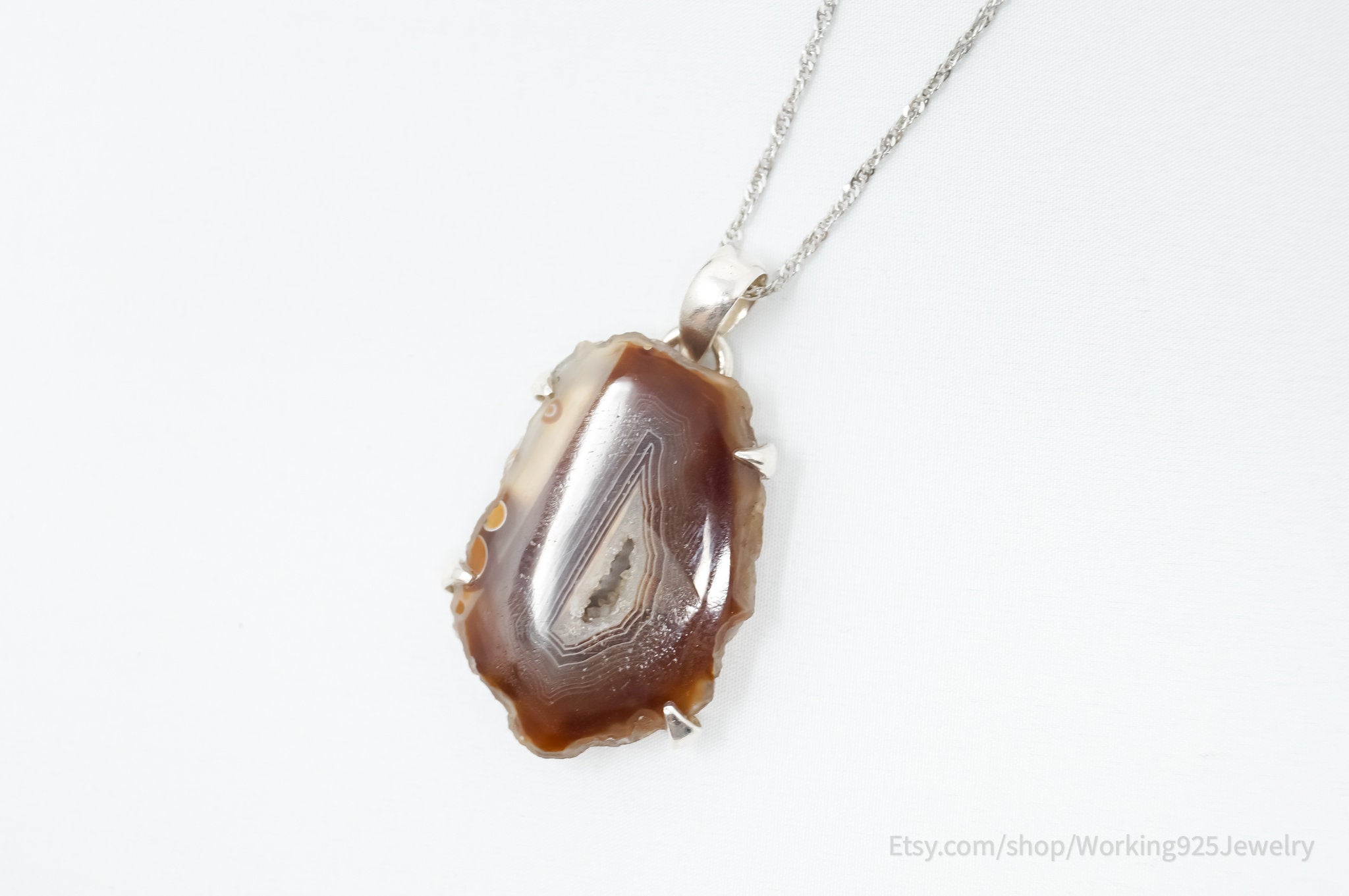 Vintage Large Brown Crazy Lace Agate Sterling Silver Necklace