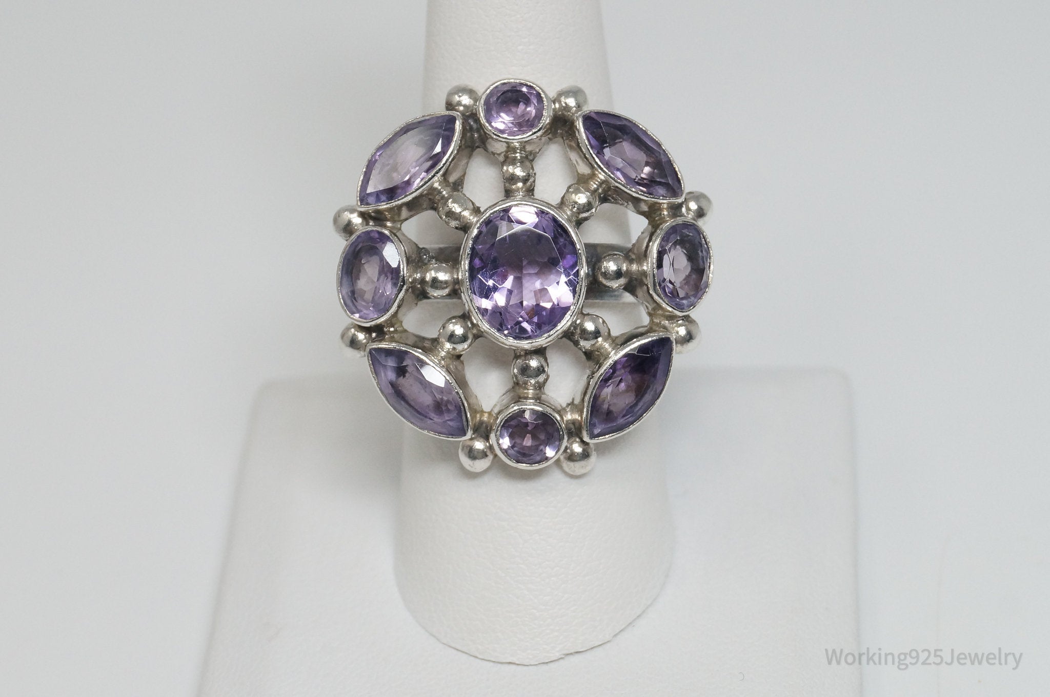 Vintage Art Deco Amethyst Sterling Silver Ring - Sz 8.5