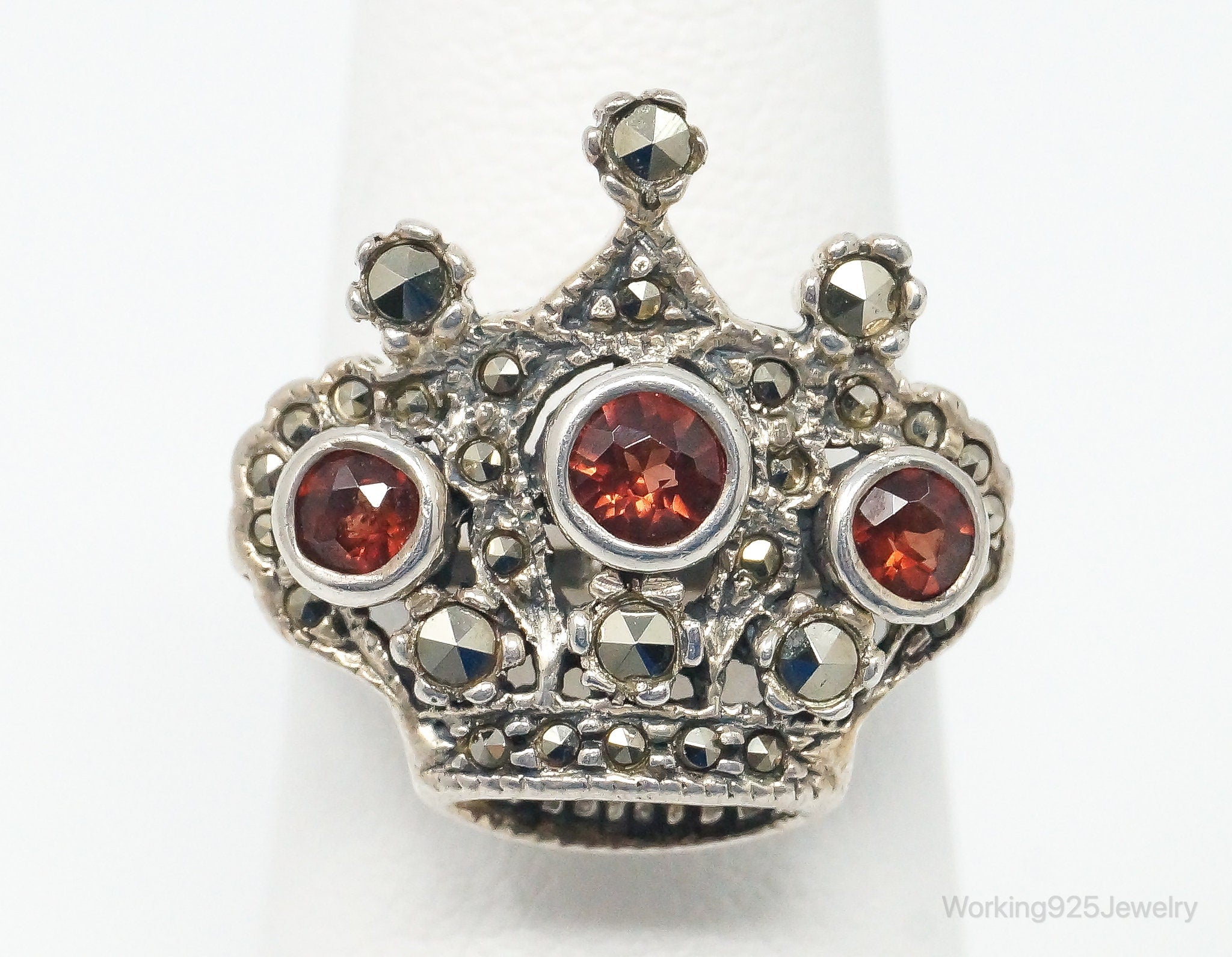 Vintage Garnet Marcasite Crown Sterling Silver Ring - Size 5