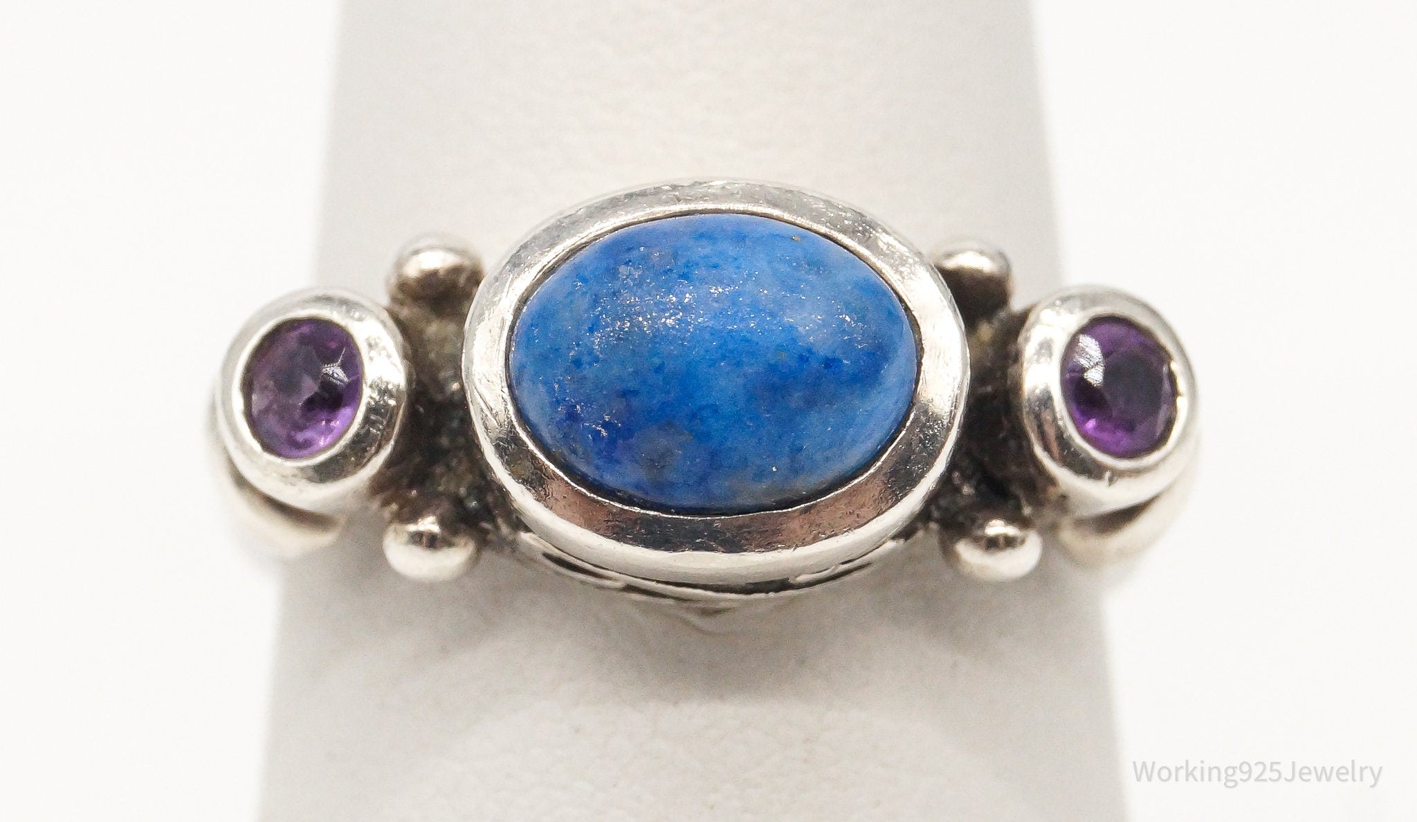 Vintage Lapis Lazuli Amethyst Sterling Silver Ring - Size 6.75