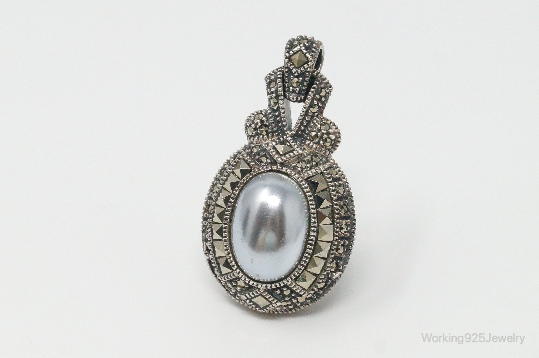 Large Vintage White Blue Pearl Marcasite Reversible Sterling Silver Pendant